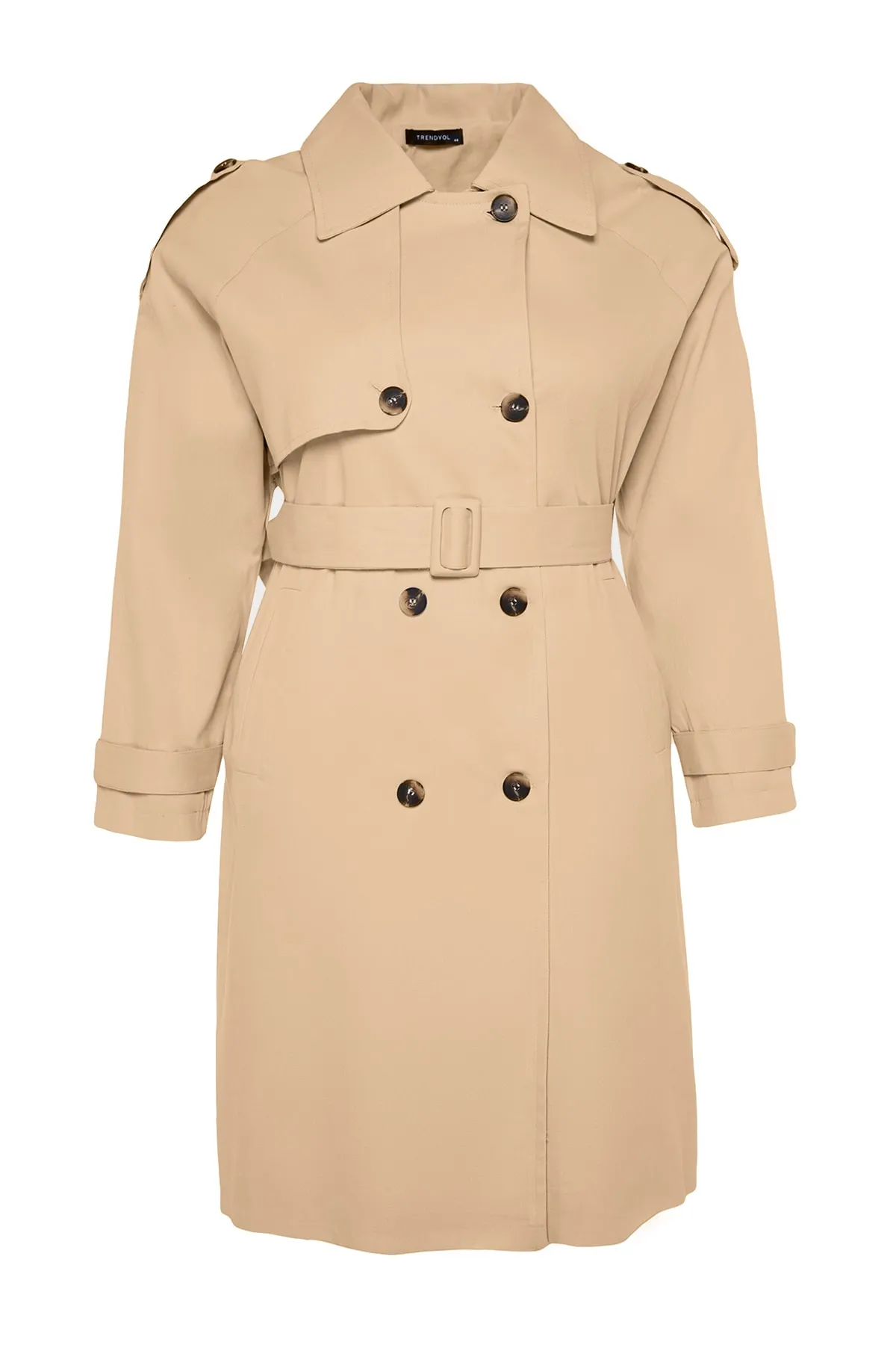 Trendyol Curve  Hellkhakifarbener Gabardine-Trenchcoat mit Gürtel TBBAW24BM00002