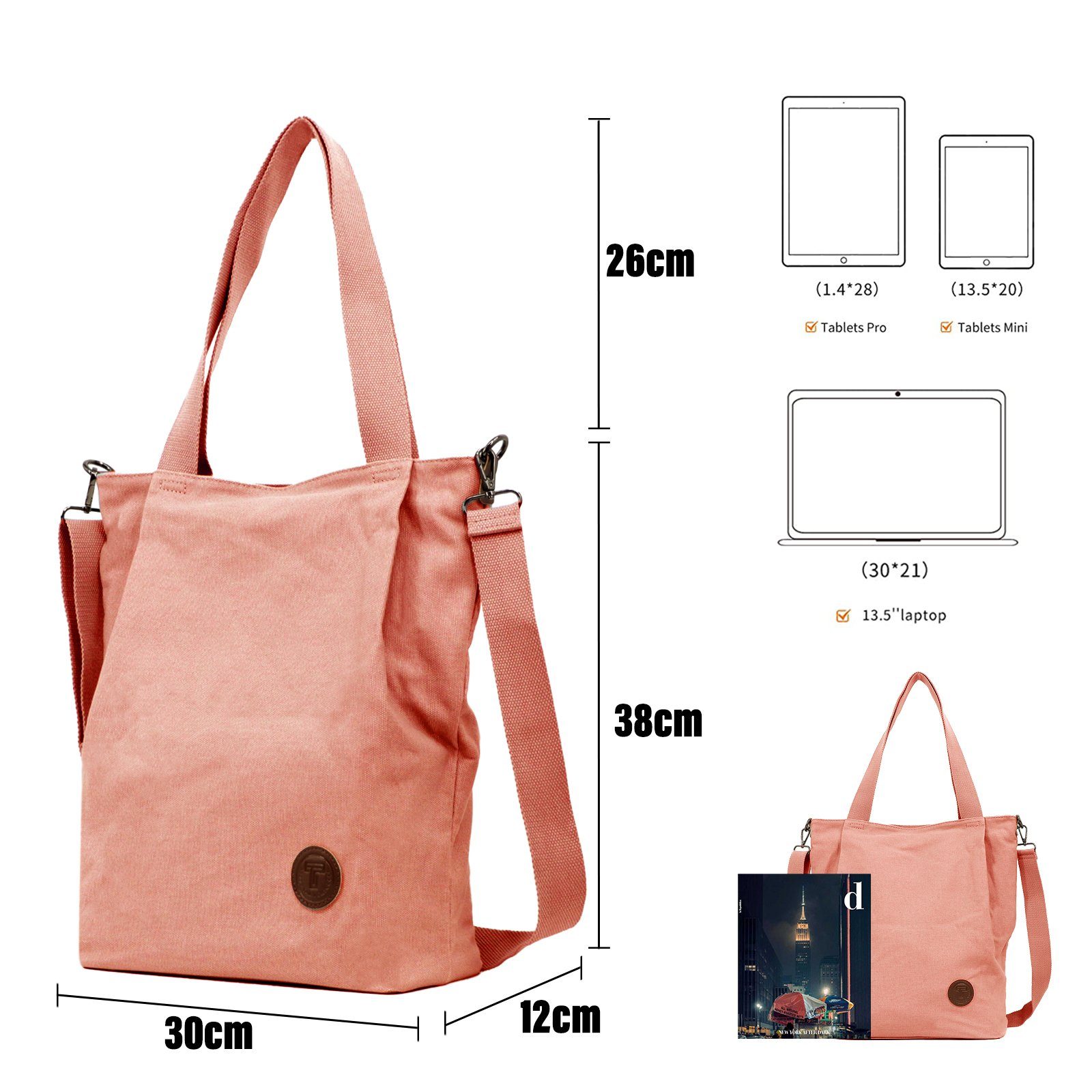 TAN.TOMI Schultertasche Canvas Umhängetasche Damen, Groß Handtasche, für Schule Shopper Lässige Täglich Ausflug Einkauf