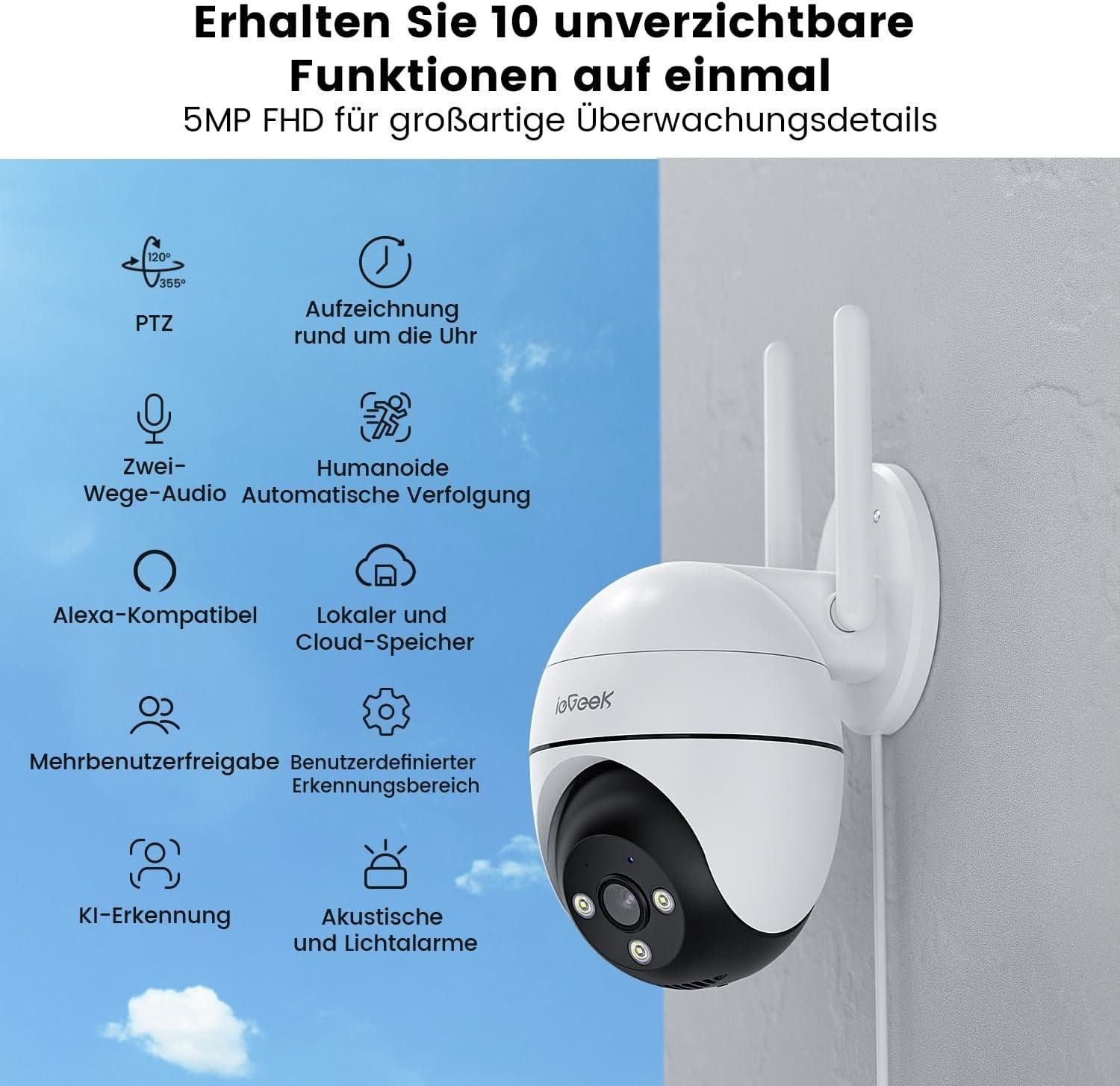 ieGeek 5MP 355°/90° Schwenkbare PTZ Akku CCTV Überwachungskamera mit SD Karte Überwachungskamera (Aussen, Außen, Innenbereich,Außenbereich, Wald, Farm, Campingbus, Straße, mit Farbiger Nachsicht, Bewegungserkennung, Automatische Verfolgung, Intellige