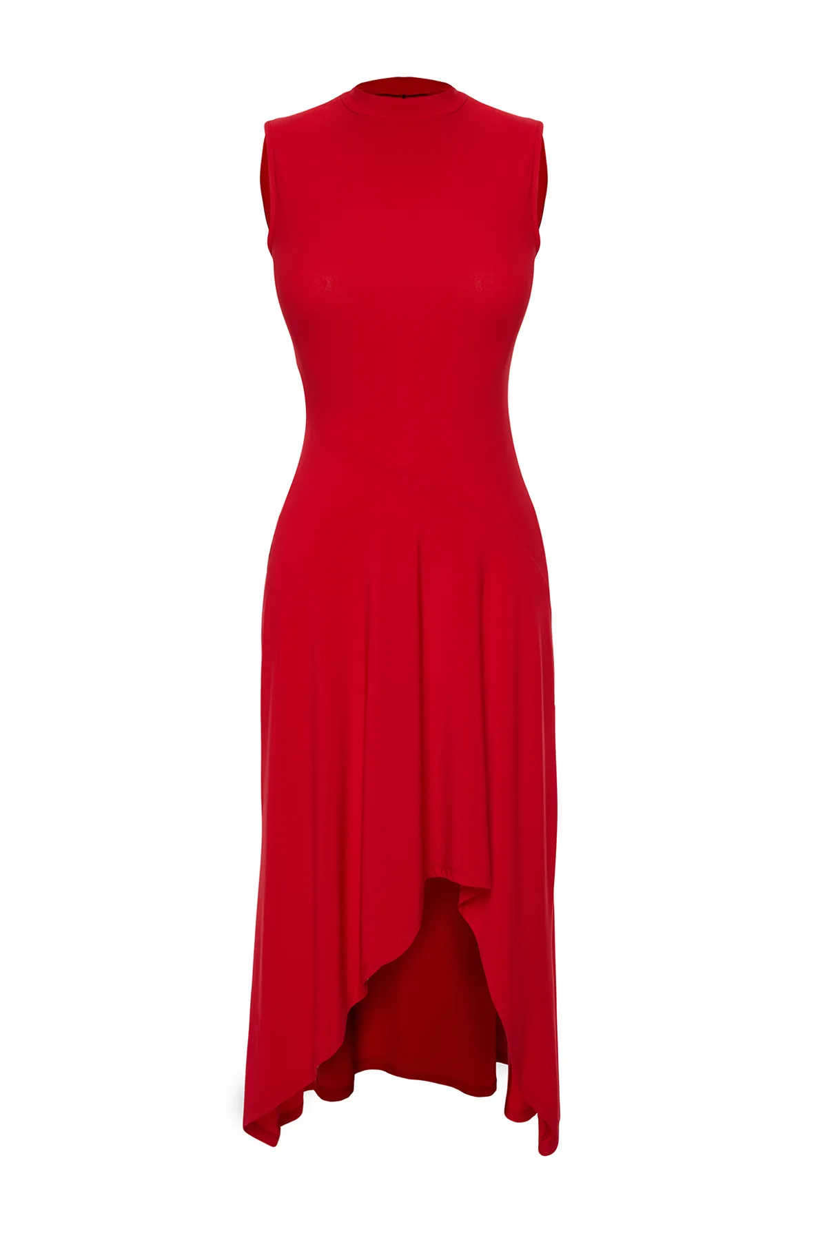 Trendyol Collection  Rotes asymmetrisches Stehkragen-Midikleid mit ärmellosen Ärmeln und Stretch-Strick TWOSS24EL00814
