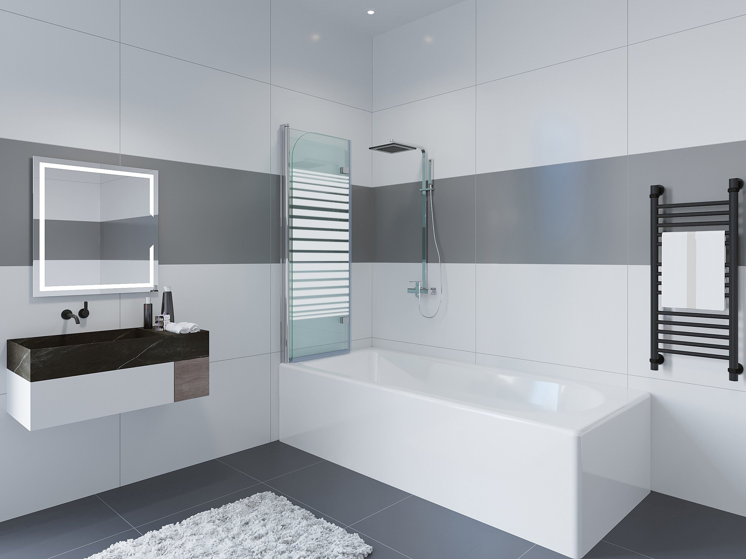 IMPTS Badewannenaufsatz Duschwand für Badewanne, Glas Alu, (2 tlg., 2 TLG), Duschabtrennung für Badewanne, inkl. Nano-Beschichtung Badewannenfaltwand, Dekor Querstreifen, Badewannenaufsatz