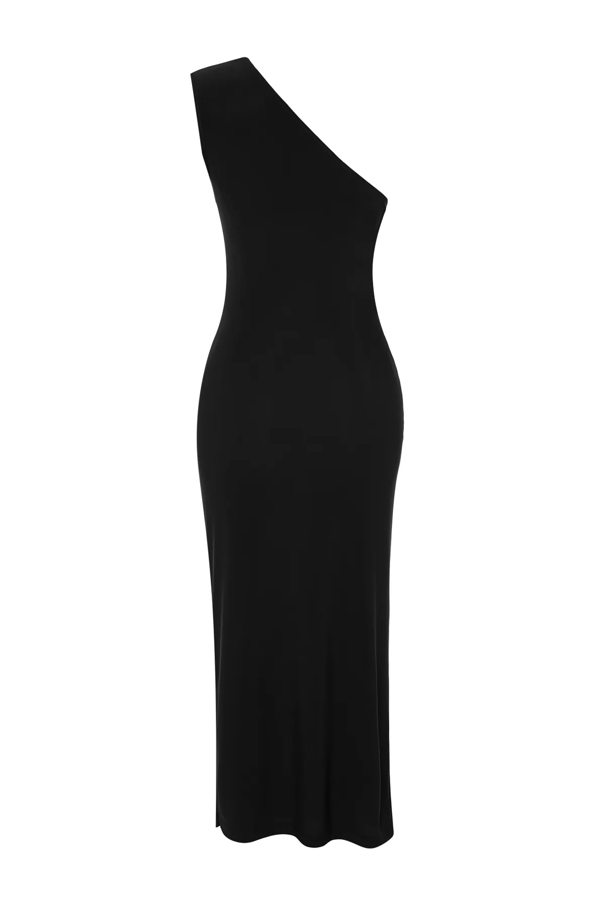 Trendyol Collection  Schwarzes, drapiertes, tailliertes/tailliertes, dehnbares Midi-Bleistiftkleid aus Strick mit einer Schulter TWOSS24EL00100