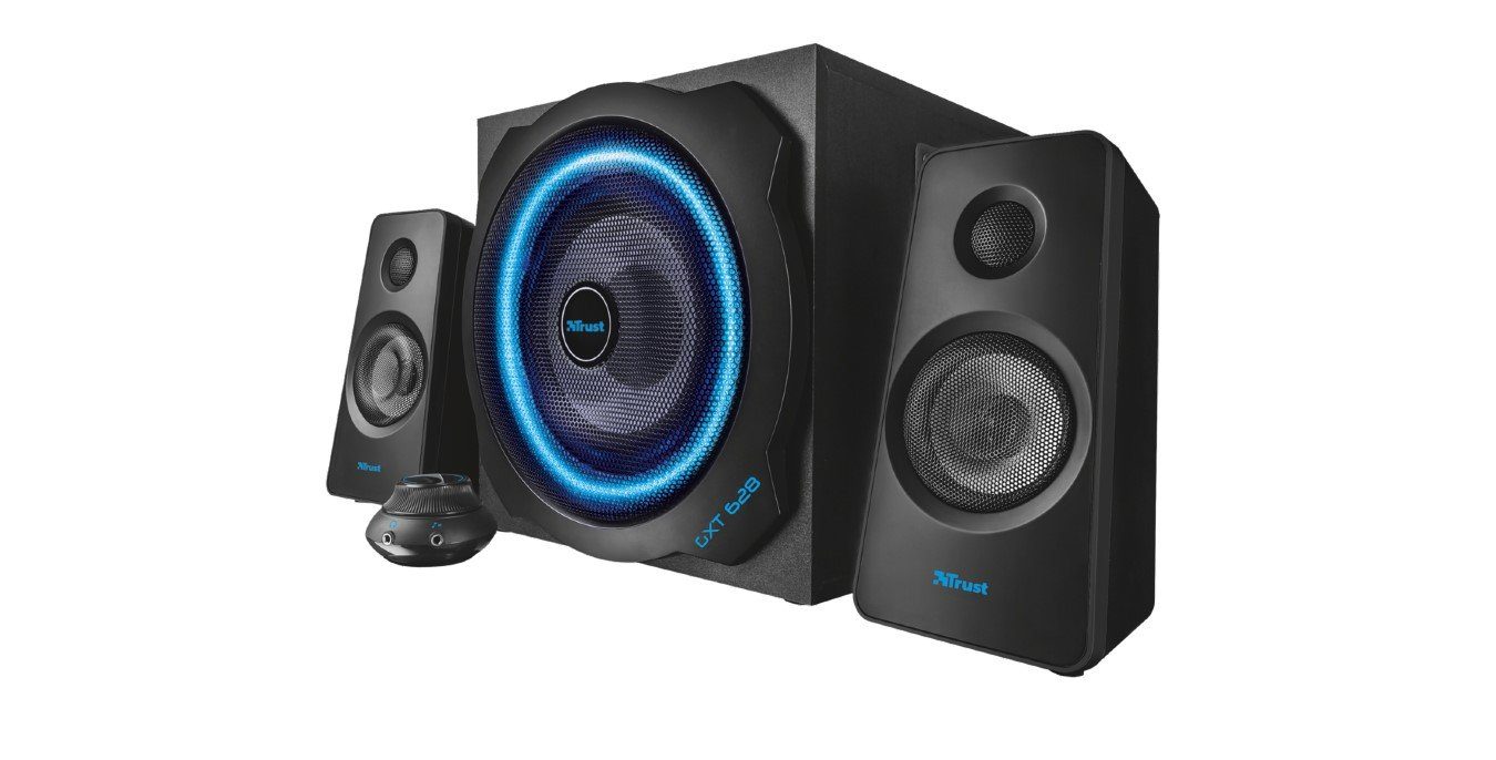 Trust GXT 628 Tytan schwarz 2.1 PC-Lautsprecher (60 W, Hölzerner Subwoofer, Kabelfernbedienung, Kompatibel mit Spielekonsolen)