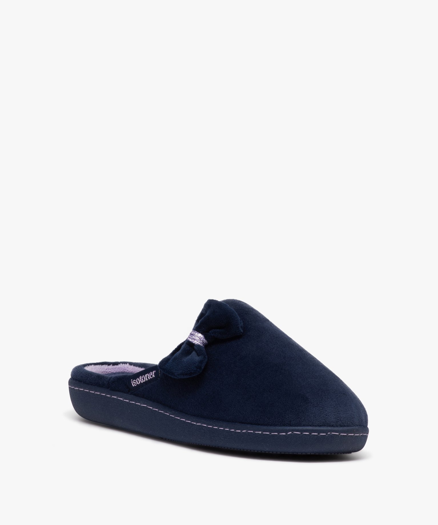 Chaussons femme pantoufles en velours uni avec noeud - Isotoner marine | GEMO