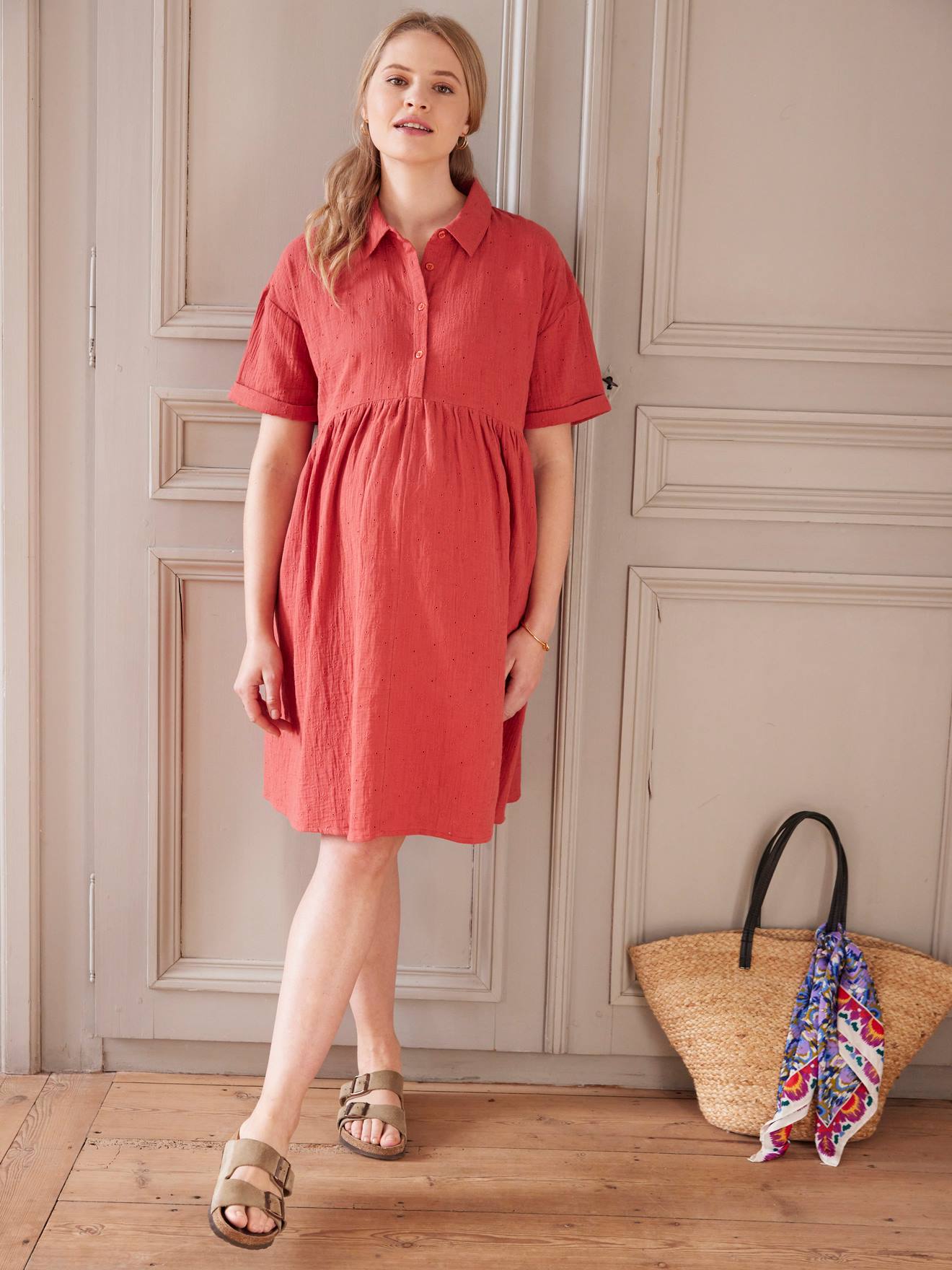 Vertbaudet Hemdblusenkleid für Schwangerschaft und Stillzeit - ziegel