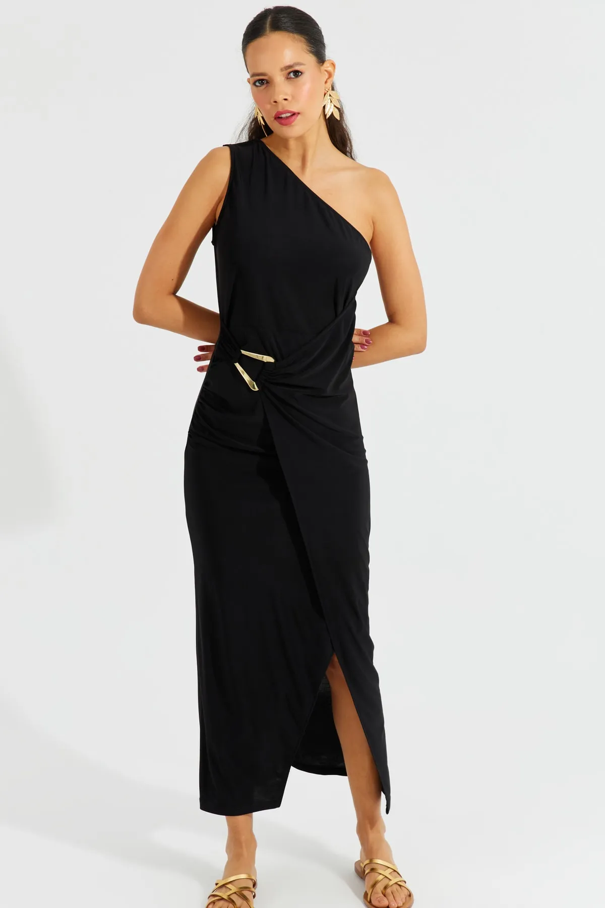 Cool & Sexy  Schwarzes One-Shoulder-Maxikleid mit Schnalle für Damen BK1658