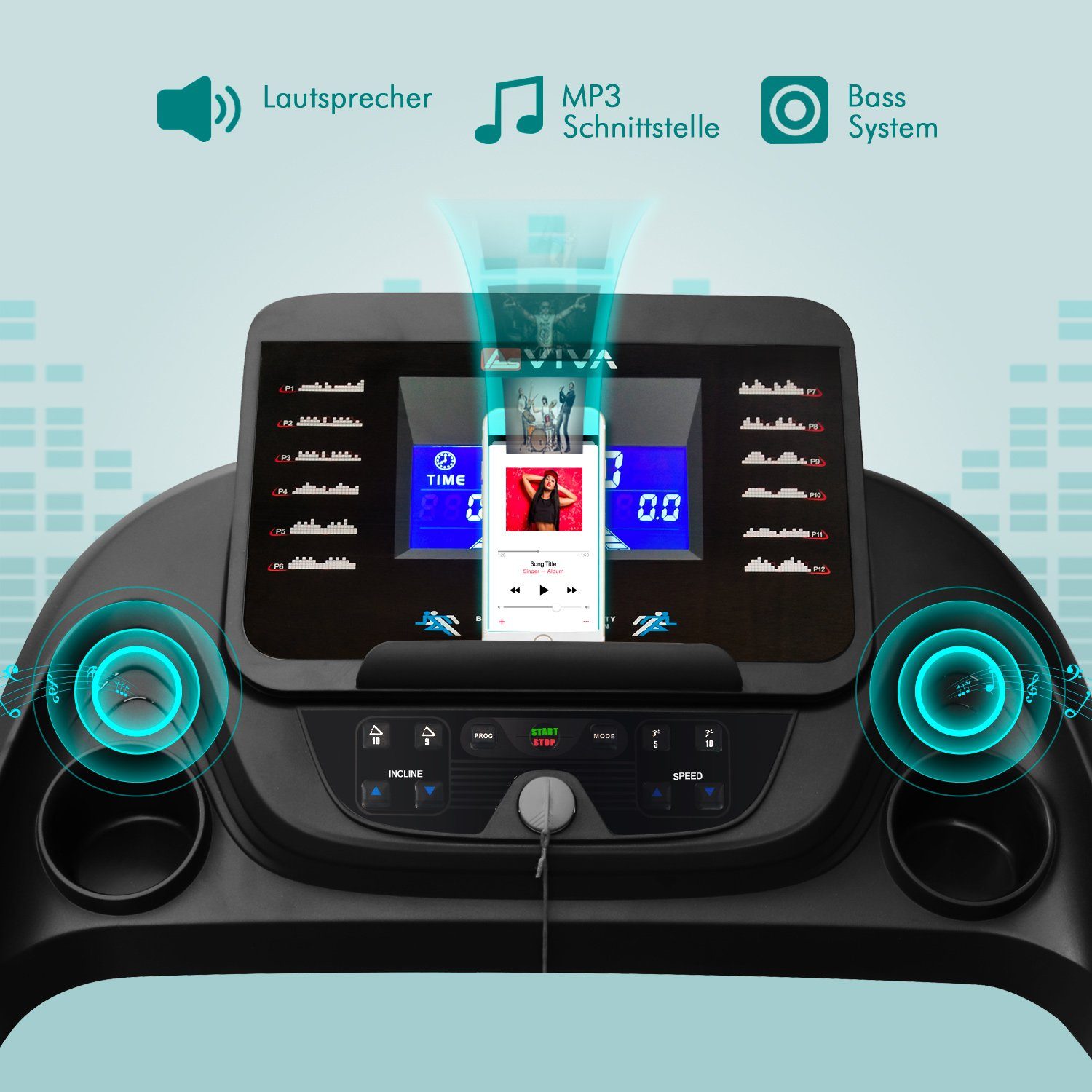 AsVIVA Laufband AsVIVA T16 Bluetooth Cardio, USB & MP3 Anschluss, Lautsprecher, Inklusive Polar T34 Pulsgurt