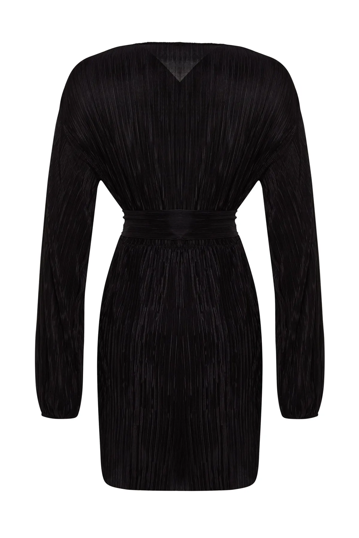 Trendyol Collection  Schwarzes elegantes Abendkleid mit Gürtel und Taillenöffnung/Skater-Strick, gefüttert und plissiert TPRAW24EL00108