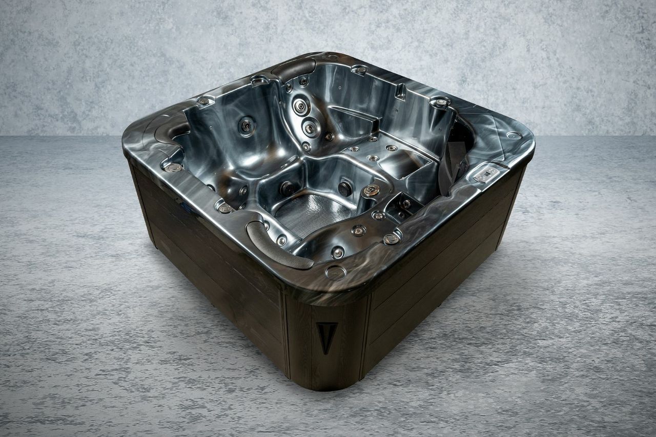 PureHaven American Outdoor-Whirlpool 215x215 cm für 5 Personen mit 53 Massagedüsen Heizung LEDs Thermoabdeckung Ozondesinfektion Pearl Shadow/Grau