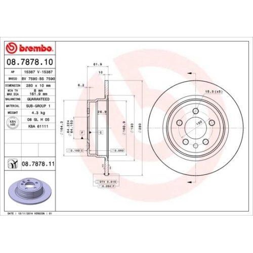 Bremsscheibe Brembo Hinterachse  2 Stück 08.7878.11 - ATU
