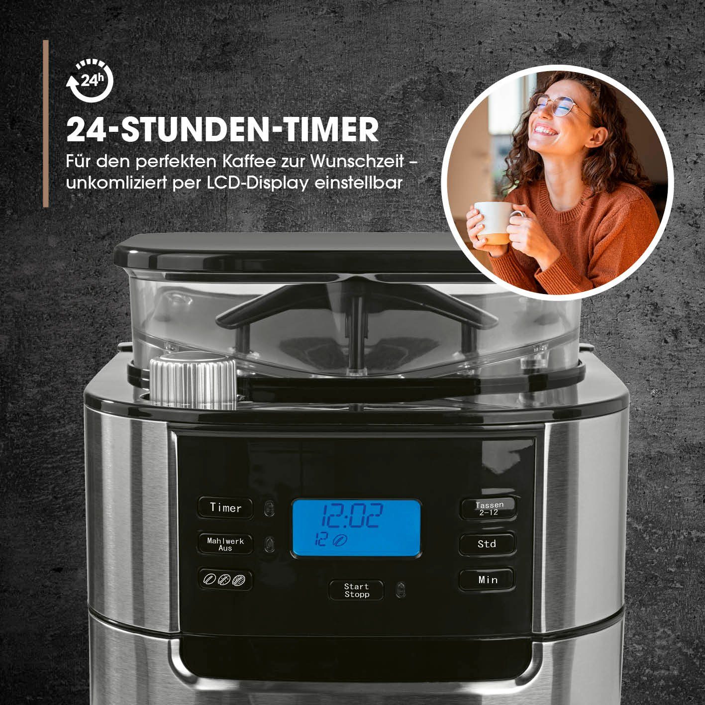 Barista Kaffeemaschine mit Mahlwerk inkl. Glaskanne 12 Tassen für Bohnen & Pulver, 1.5l Kaffeekanne, 900W Edelstahl/Schwarz