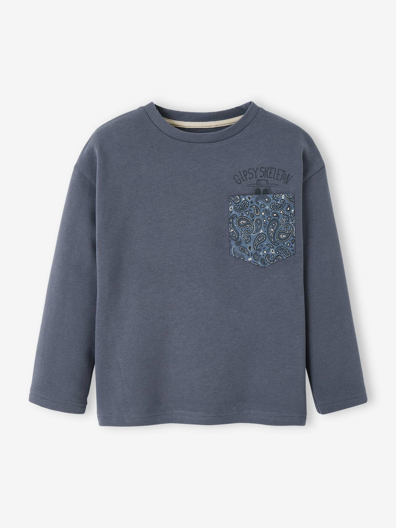 Tee-shirt épais effet sweat garçon poche surprise bleu grisé