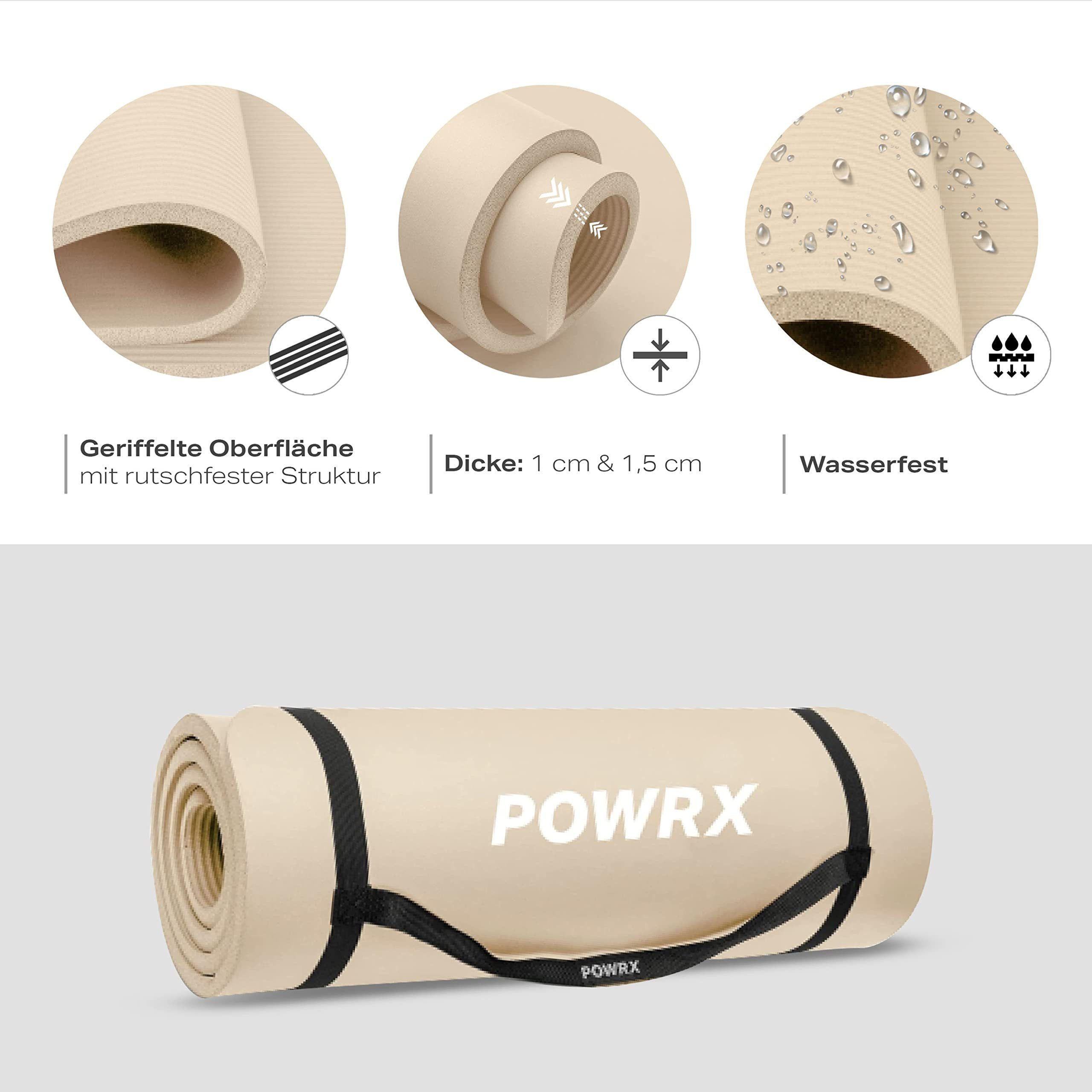 POWRX Yogamatte Gymnastikmatte Yogamatte (Beige, 190x60x1.5cm) inkl. Tragegurt+Tasche, Beige 190 X 60 X 1.5 Cm