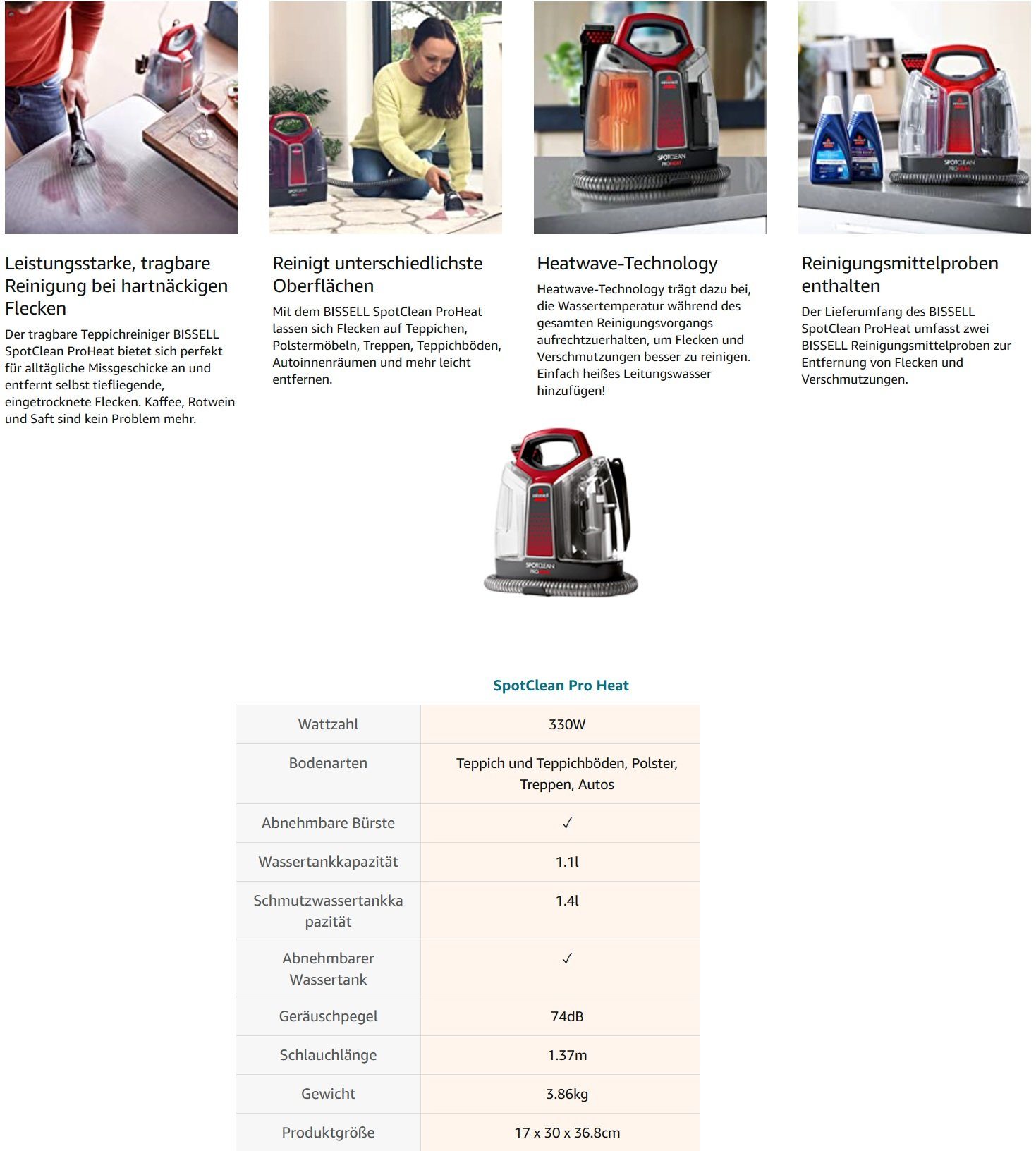 Bissell Teppichreinigungsgerät SpotClean ProHeat Fleckenreiniger für Teppiche Treppen Polster & Auto, 330,00 W, beutellos, Waschsauger Nass -Trocken-Sauger Polsterreiniger Reinigung Staubsauger