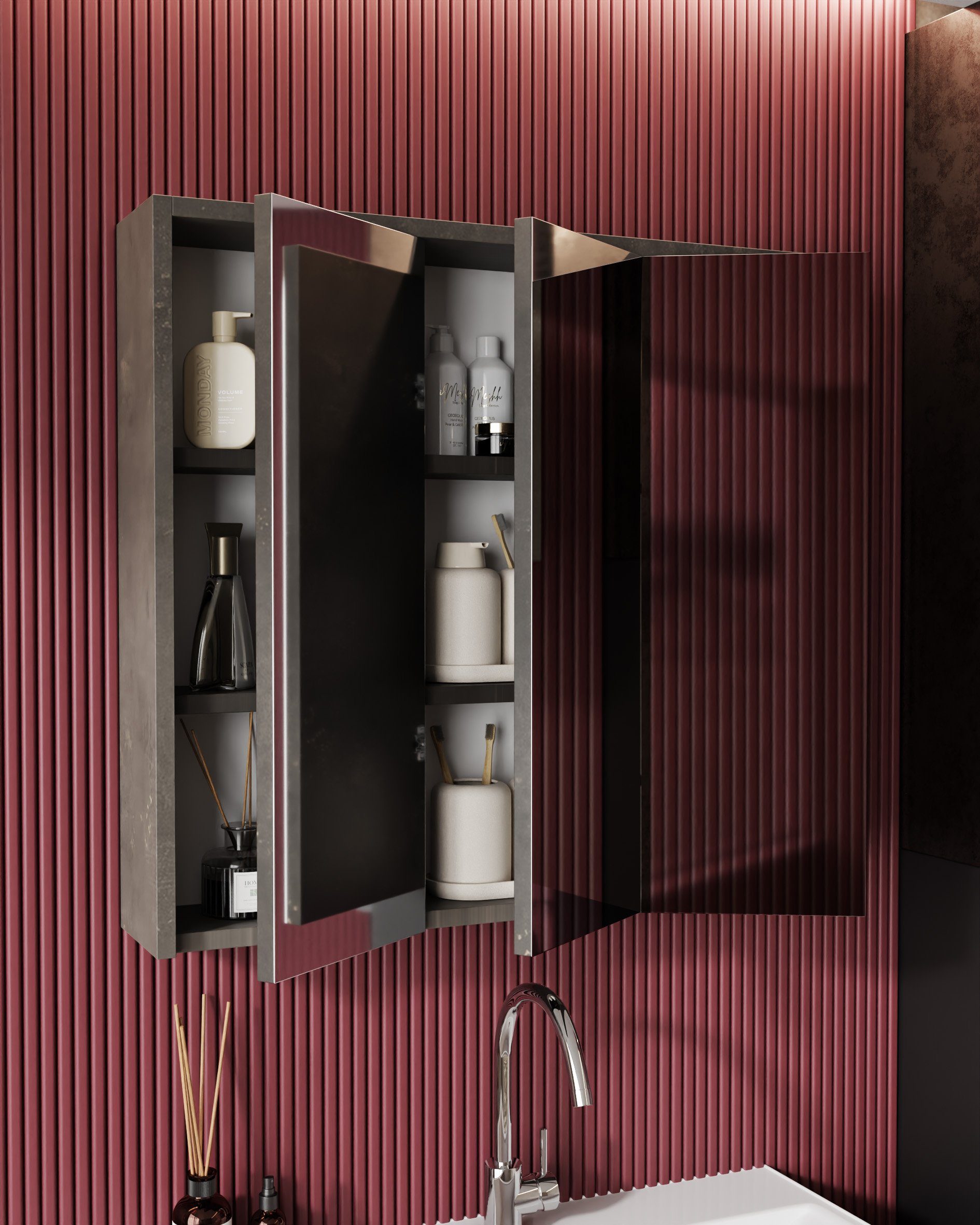 Karen Badezimmer-Set Beta, (Komplett-Set, 3-Teilig (Unterschrank, Spiegelschrank, Waschbecken), 3-St., Unterschrank mit Schubladen, Spiegelschrank mit Türen & Regalen), Retro Design, Softclose, Griffleisten