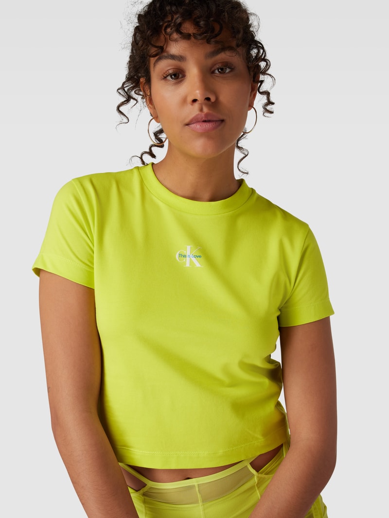 Cropped T-Shirt mit Label-Print Modell 'MONOLOGO BABY TEE' in neon gelb