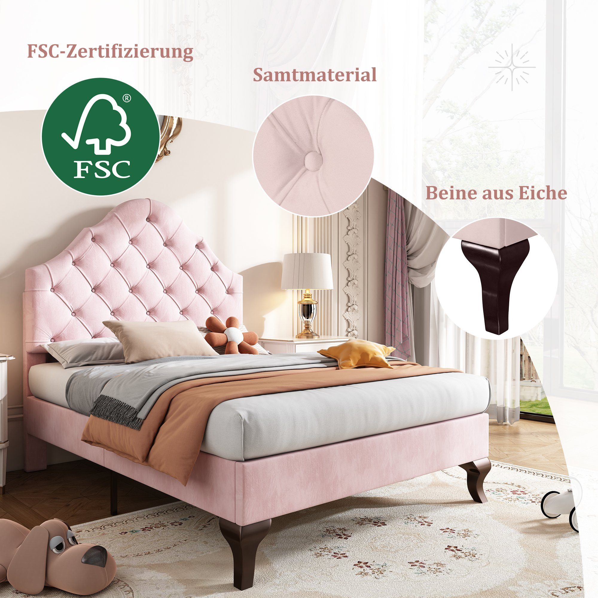 Odikalo Polsterbett Lattenrost höhenverstellbar Kopfteil Lattenrost 90/140x200 rosa/beige