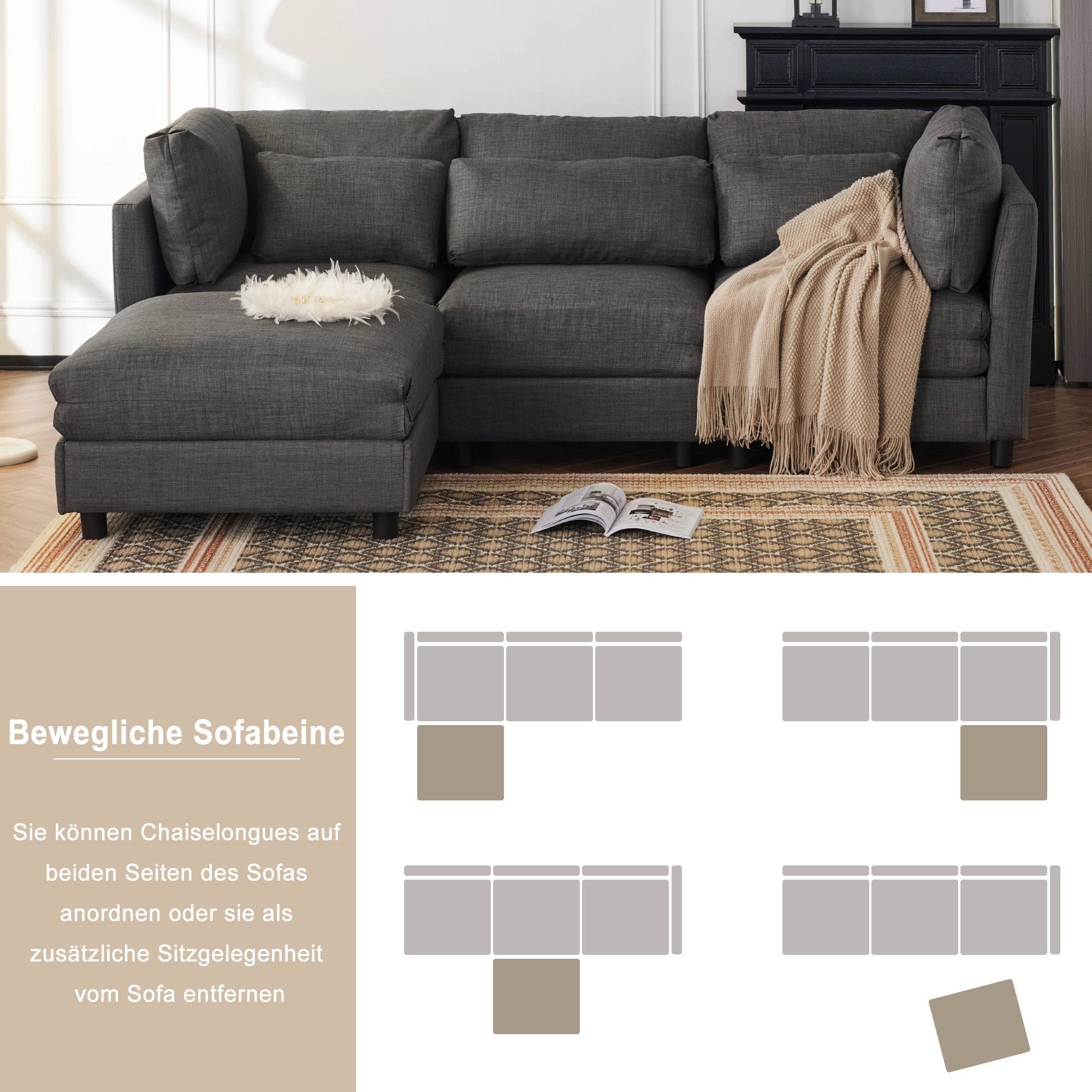 WISHDOR Sofa Ecksofa Schlafsofa mit Schlaffunktion, 3-Sitzer-Sofa, mit Chaiselongue, Ecksofa mit Fußstütze