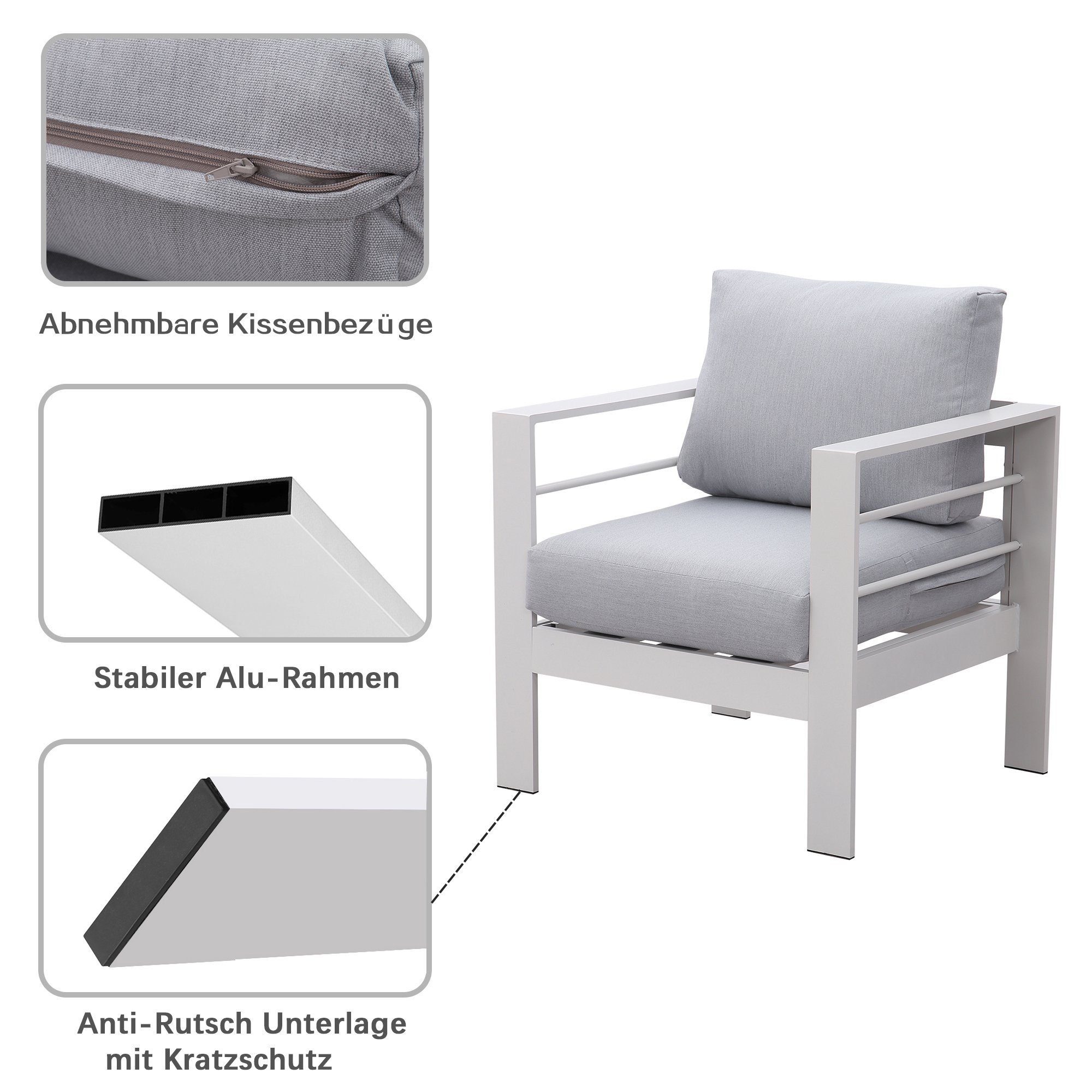 MeXo Loungeset 5-Sitzer Aluminium Gartenmöbel Set, (Terrassemöbel Set, 4-tlg., mit Sofa, Tisch), Lounge-Set Garten Balkon Terrasse für 5 Personen