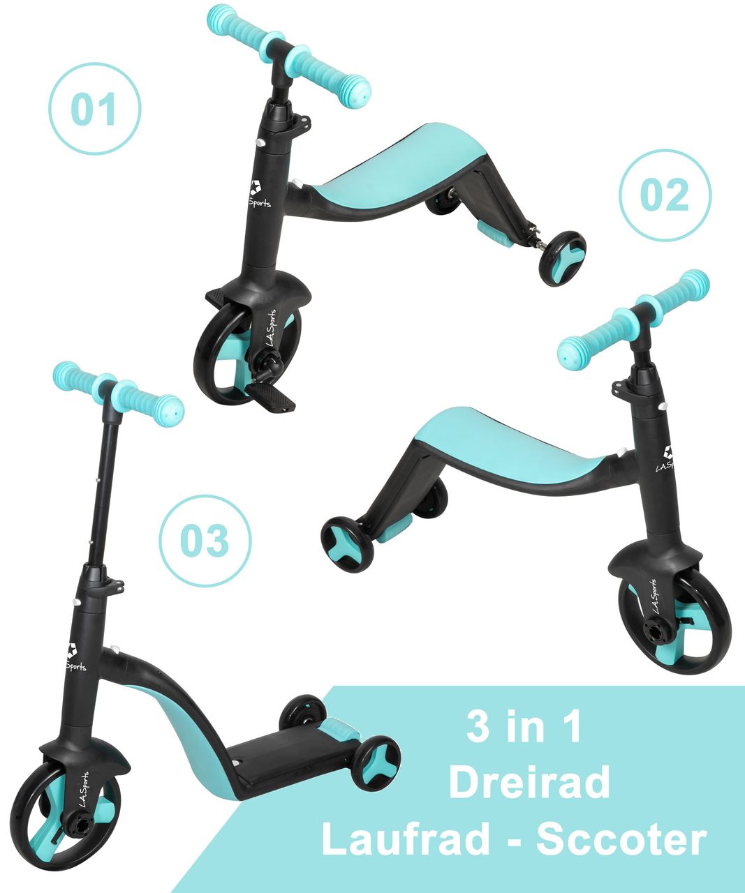 L.A. Sports 3-in-1 Kids Trike Laufrad Dreirad Scooter für Kinder ab 2 Jahren