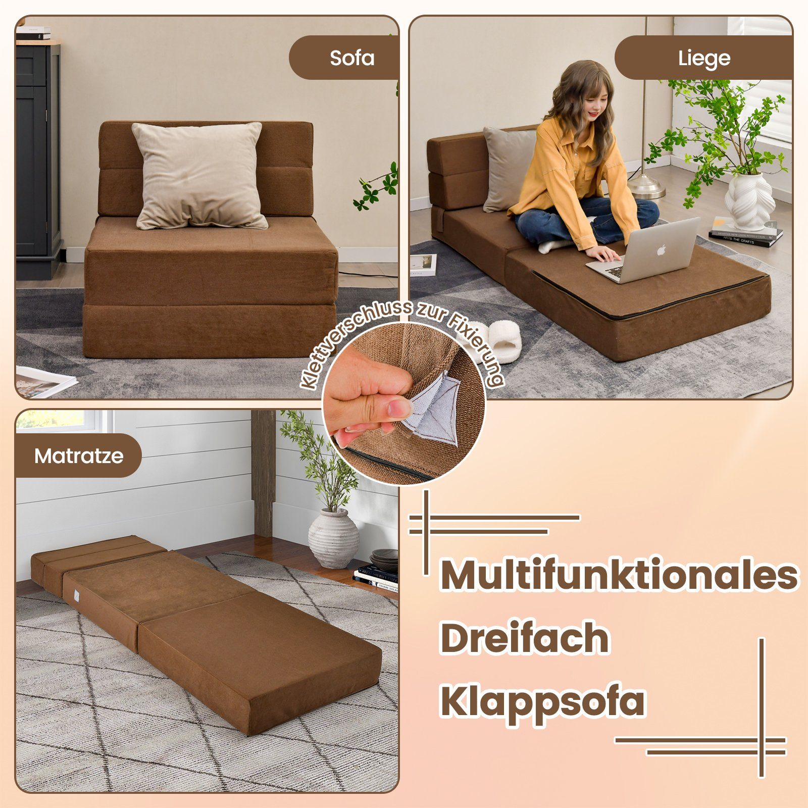 COSTWAY Schlafsofa, 3 in 1 Klappmatratze, mit abnehmbarem Bezug