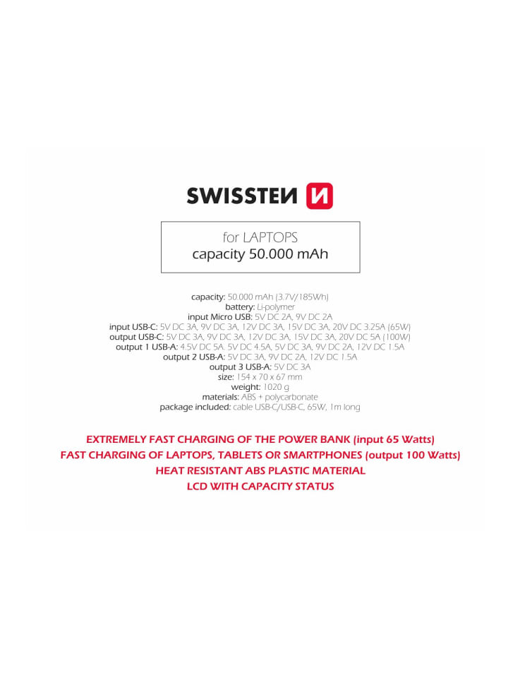 Swissten 50.000mAh Powerbank USB und USB-C 100W Ladegerät in Schwarz günstig kaufen 135 cm