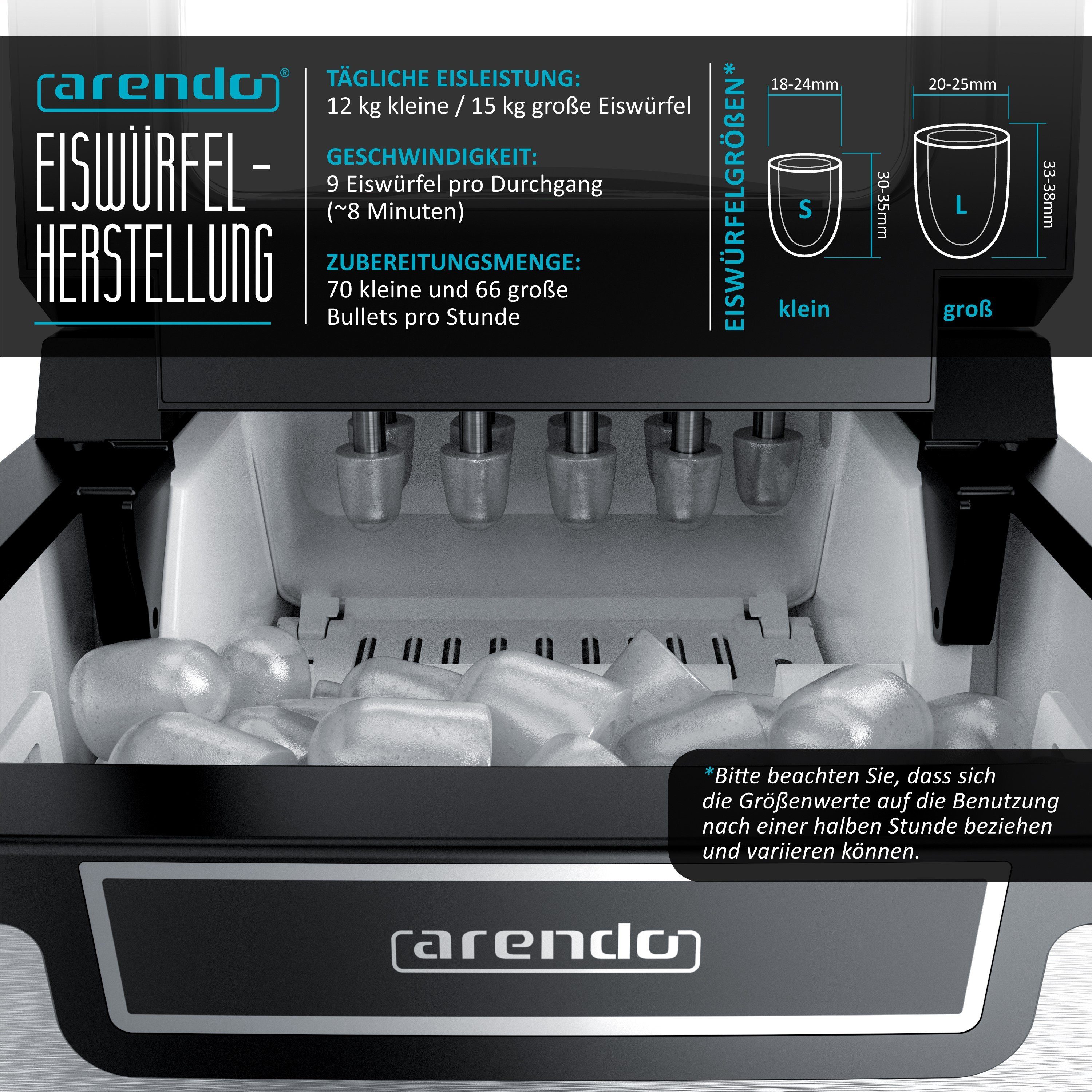 Arendo Eiswürfelmaschine, 1,8 Liter Eiswürfelbereiter, 9 Eiswürfel in 8 Minuten, 105W