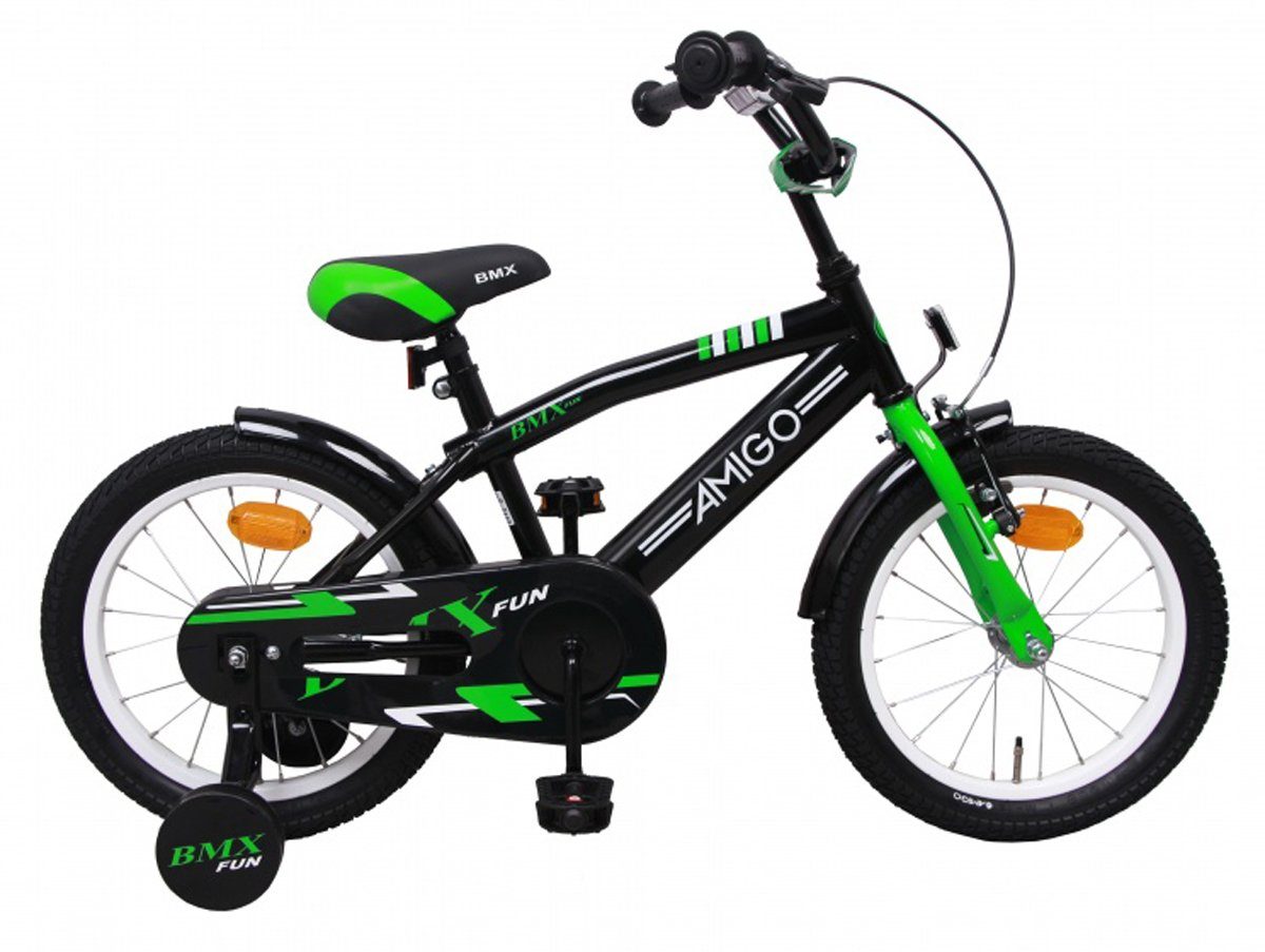 AMIGO BMX-Rad AMIGO BMX Fun 16 Zoll 28 cm Jungen Rücktrittbremse Grün/Mattschwarz, 1 Gang