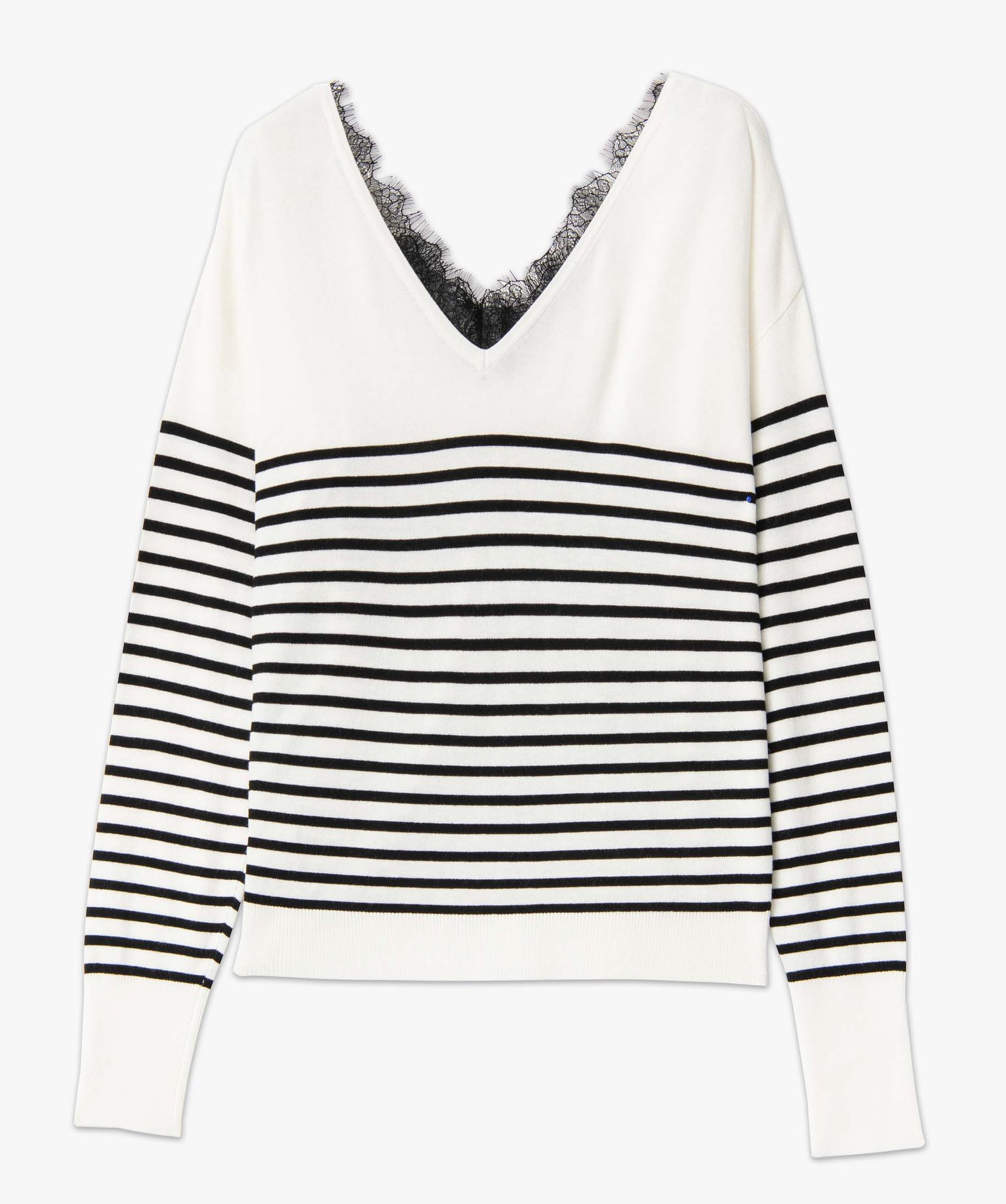 Pull femme rayé en maille fine avec double col V bordé de ... ecru | GEMO