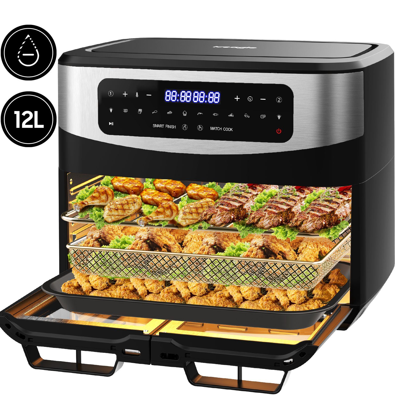 iceagle Heißluftfritteuse 5511D XXL, Air fryer 12L ohne fett, LED Touchscreen,Braten, 2200,00 W, LED Touchscreen, spuelmaschinengeeignet, Sync Finish Funktion, ohne Ol