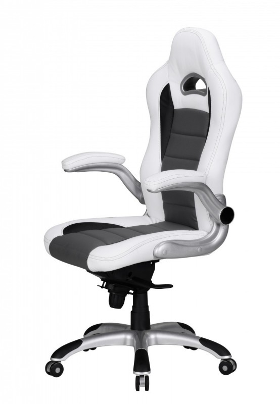 Amstyle Chefsessel Racing Leder Optik weiß grau mit schwarzen Streifen mit Armlehnen klappbar