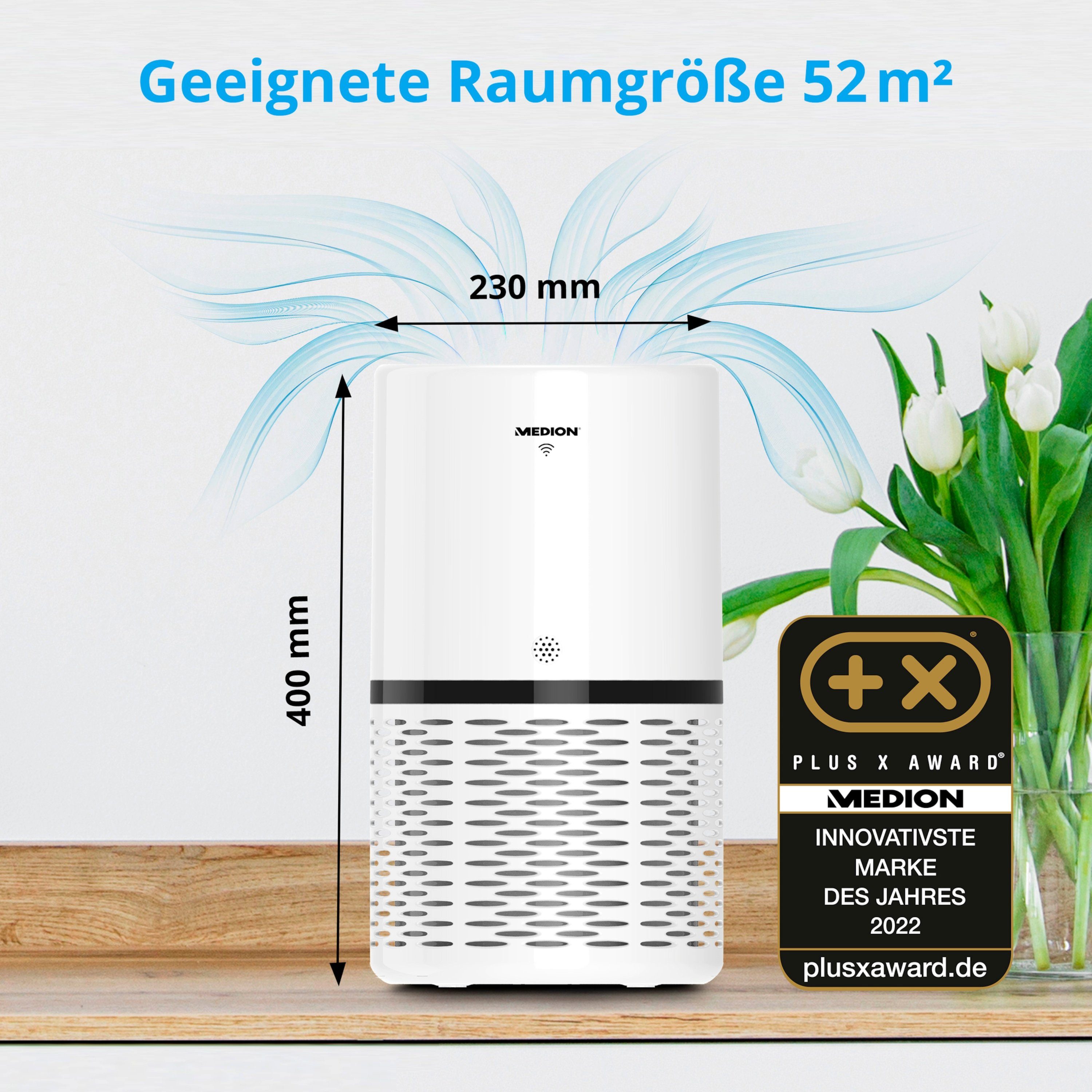 Medion® Luftreiniger Luftreiniger Touch LED HEPA-Filter 23W 52m² 52dB APP Steuerung, MD10171