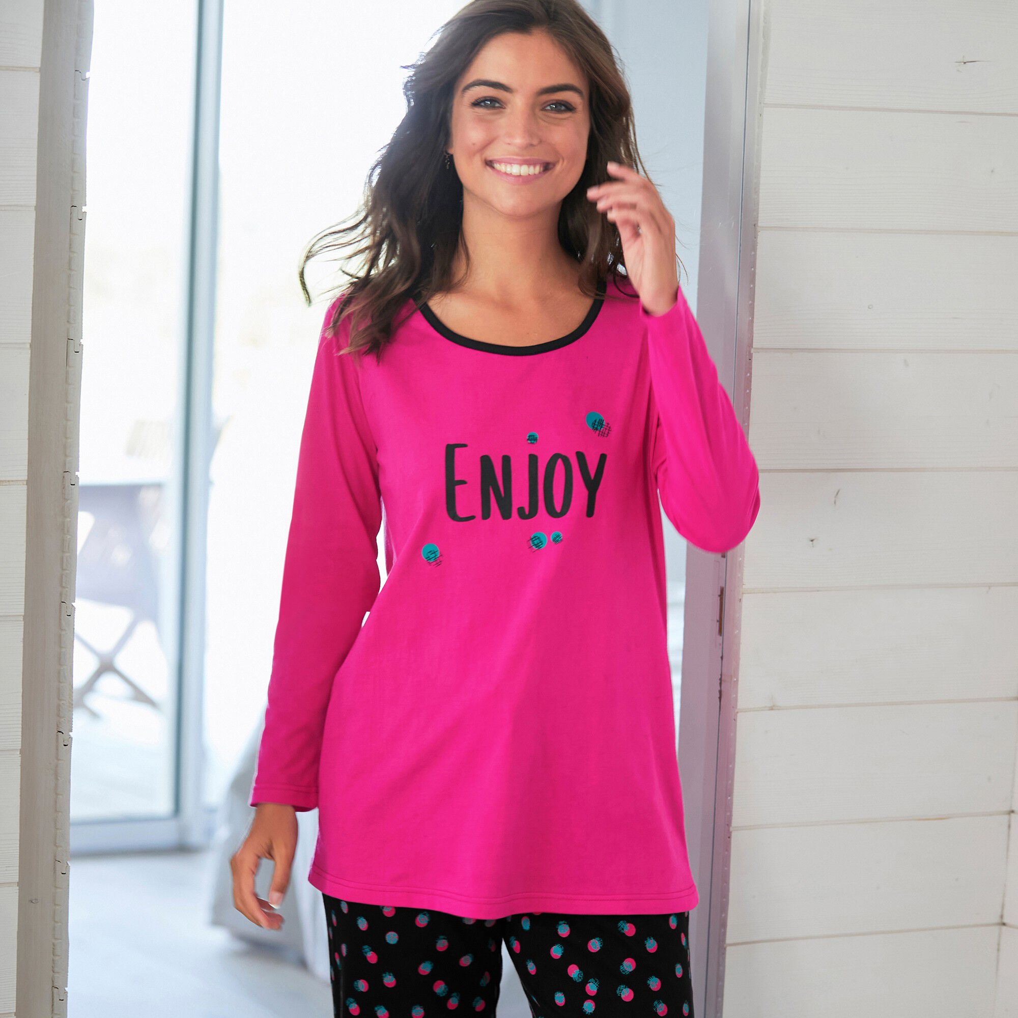 Tee-shirt manches longues coton uni imprimé placé 