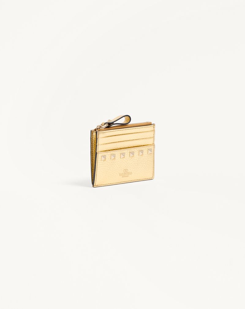 Porta-cartões Rockstud Zip Around em couro de bezerro granulado laminado