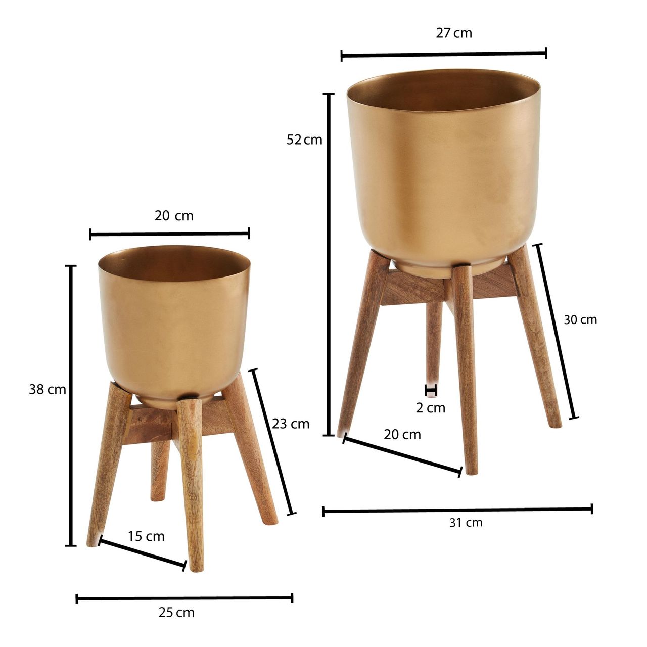 Skyport WOHNLING Blumentopf 2er Set Metall Holz Pflanzenkübel Gold Rund Pflanzgefäß