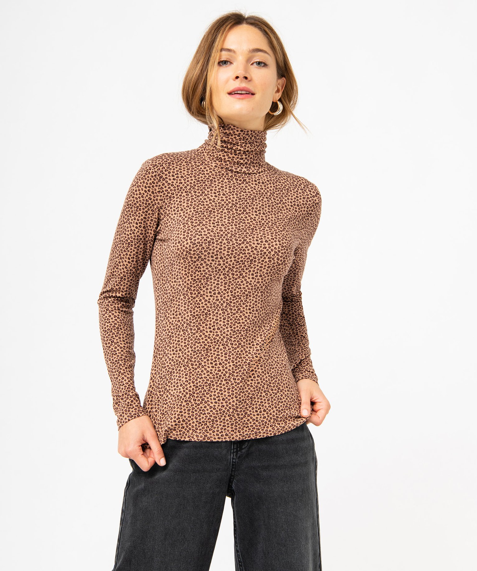 Tee-shirt manches longues et col roulé moulant femme imprime | GEMO