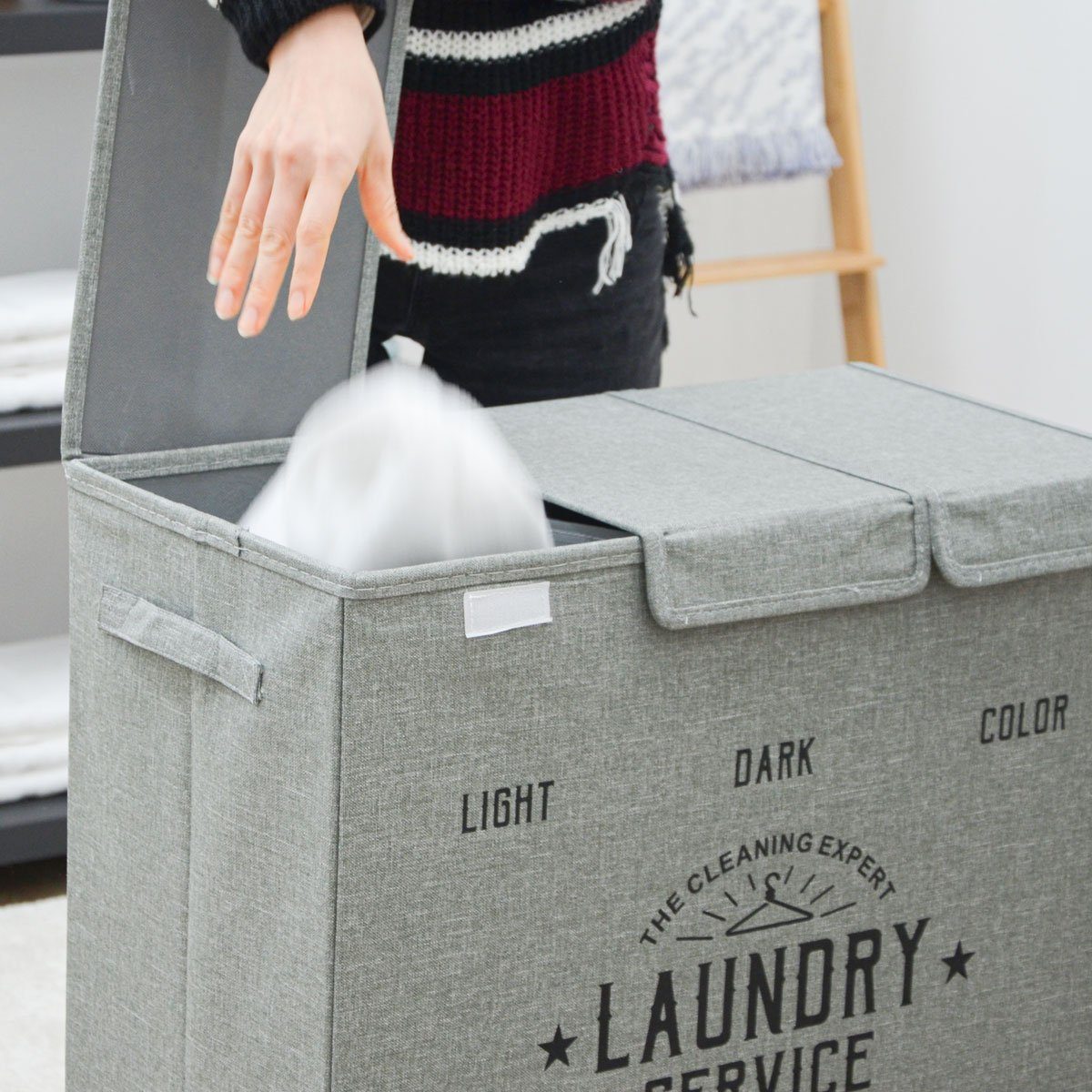 DuneDesign Wäschekorb 3 Fächer Wäschekorb mit Deckel 84L Wäschesammler, Faltbar - 60x30x50 Wäschebox