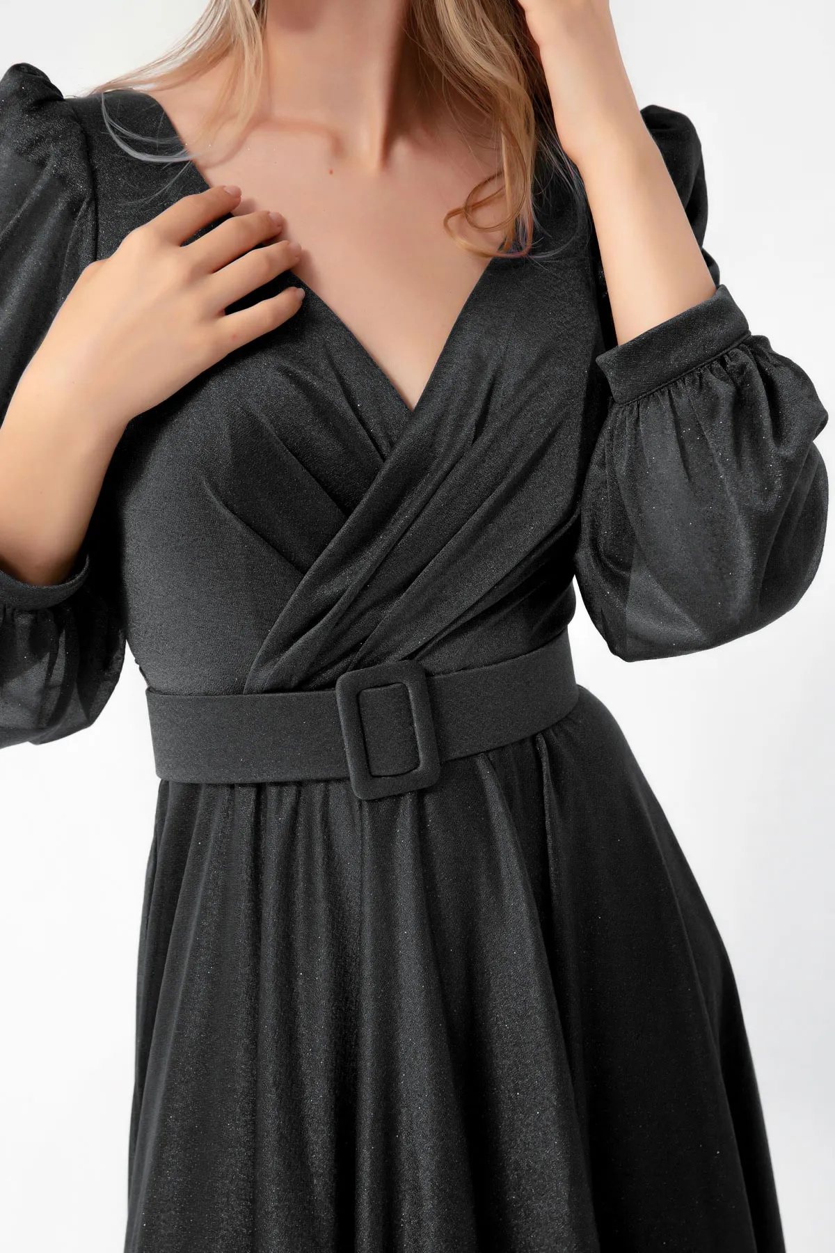 Lafaba  Schwarzes, zweireihiges, ausgestelltes Abendkleid für Damen mit silbernem Kragen