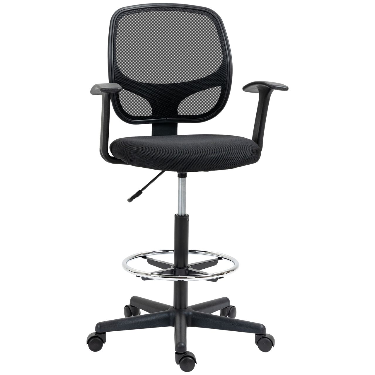 Vinsetto Arbeitsstuhl Mesh Bürostuhl Ergonomischer Schreibtischstuhl Zeichenstuhl mit verstellbarem Fußring Höhenverstellbare Drehstuhl mit Rollen für Arbeitszimmer Schwarz 60 x 56 x 110-132 cm