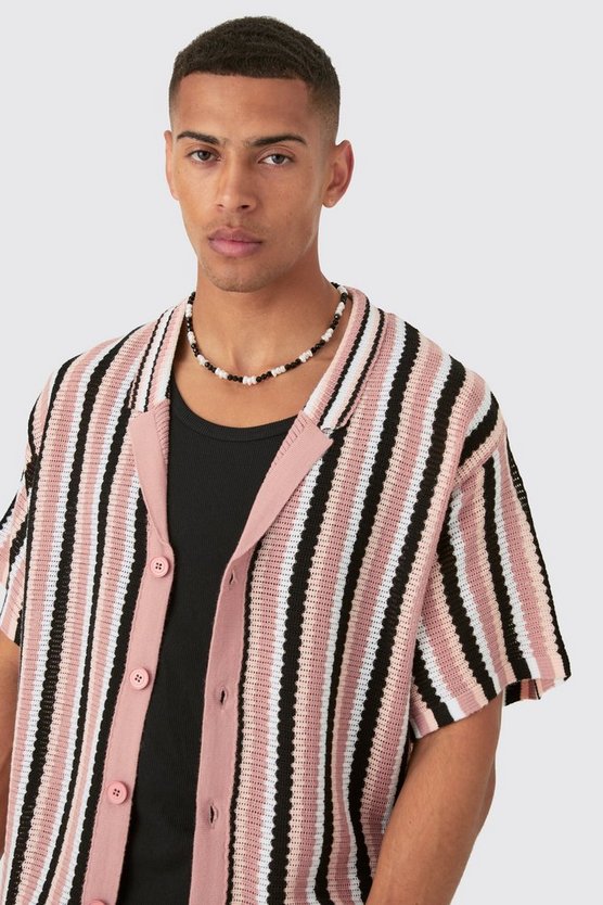 Gestreiftes Oversize Strick-Hemd in Schwarz