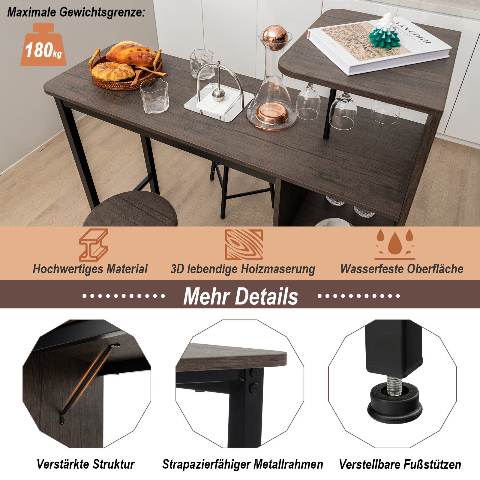 COSTWAY Bartisch (3 TLG. mit Hockern), mit Weinregal & Halterungen