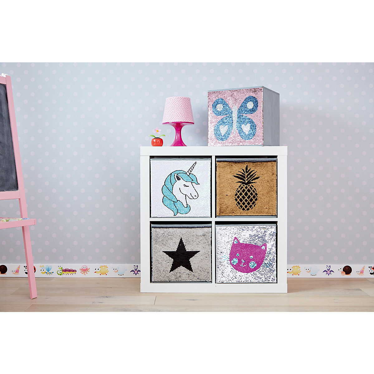 Aufbewahrungsbox Streichpailletten Einhorn rosa/blau, ohne Deckel, 32 x 32 x 32 cm