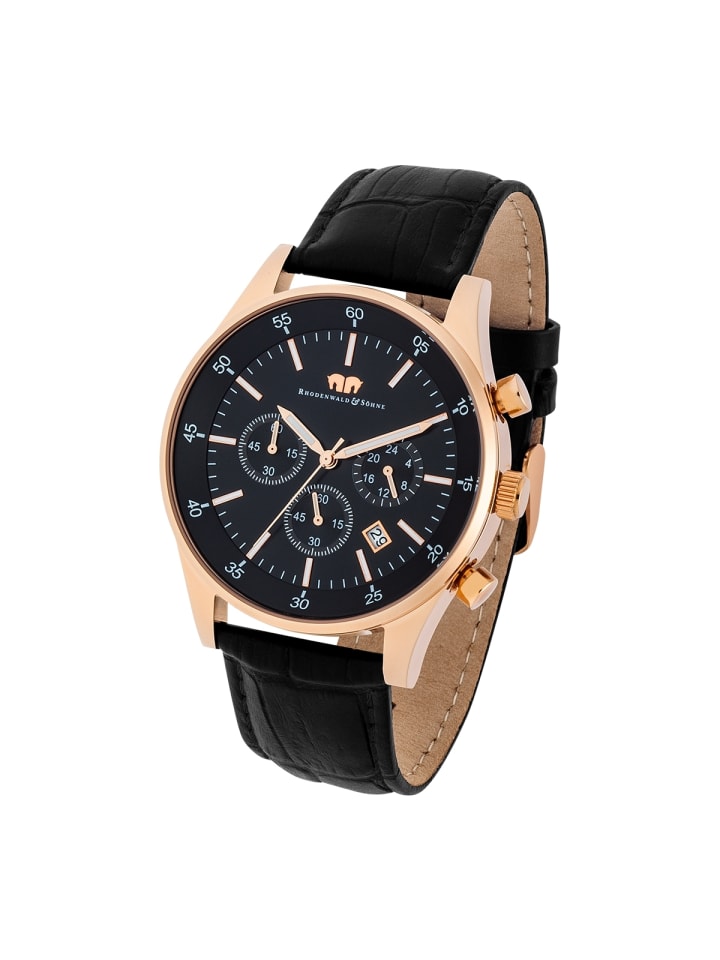 Rhodenwald & Söhne Herren Chronograph roségold Echtleder schwarz in schwarz günstig kaufen 21,5 cm