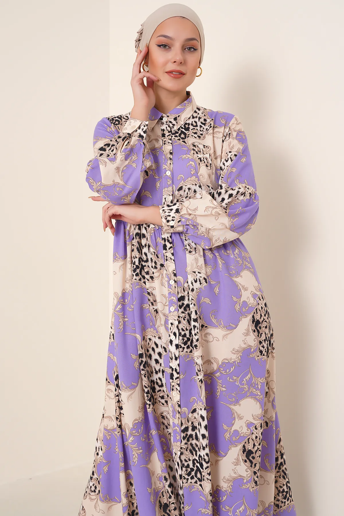 Bigdart  2295 Hijab-Kleid mit Hemdkragen – Flieder