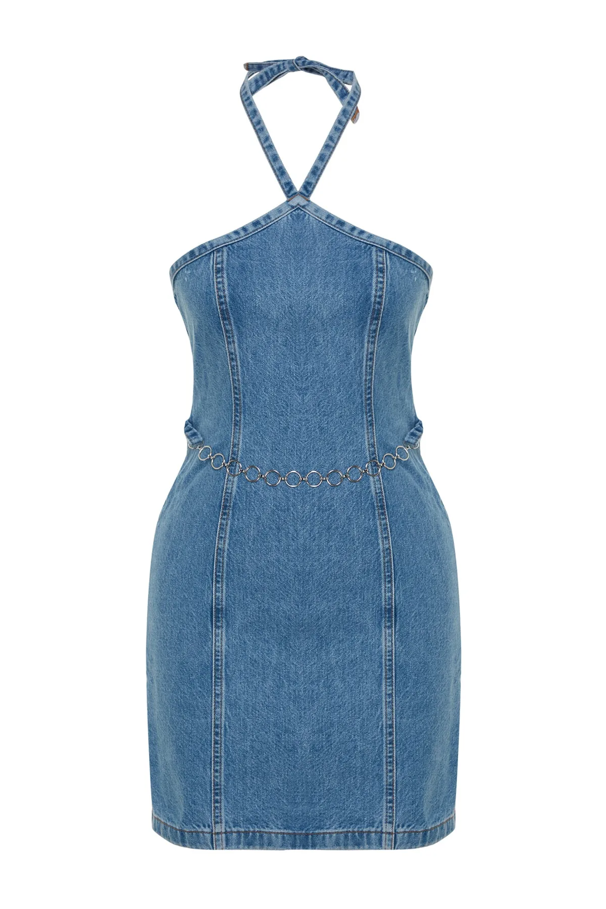 Trendyol Collection  Blaues Neckholder-Mini-Jeanskleid TWOSS23EL01965
