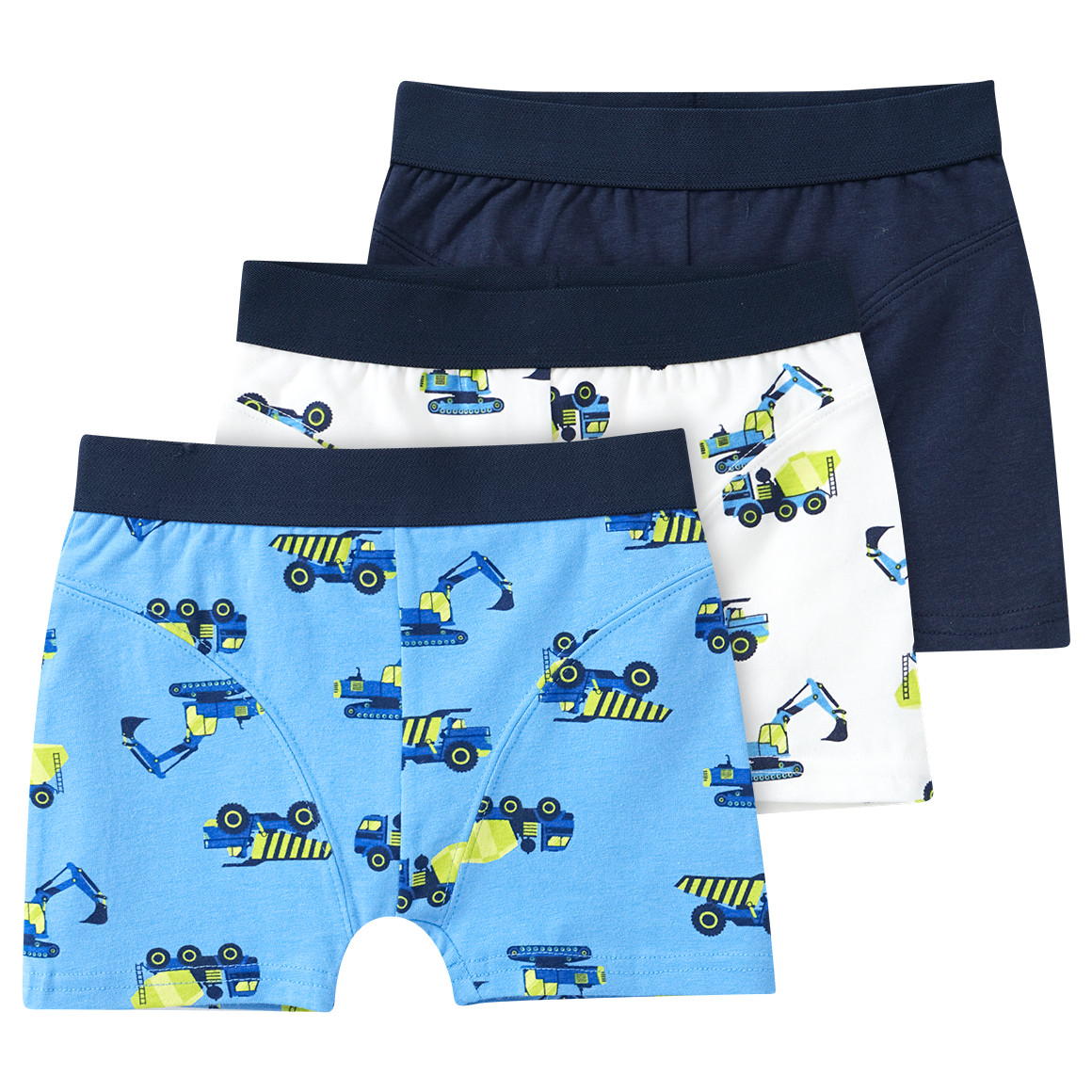3 Jungen Boxer mit Baustellenfahrzeugen