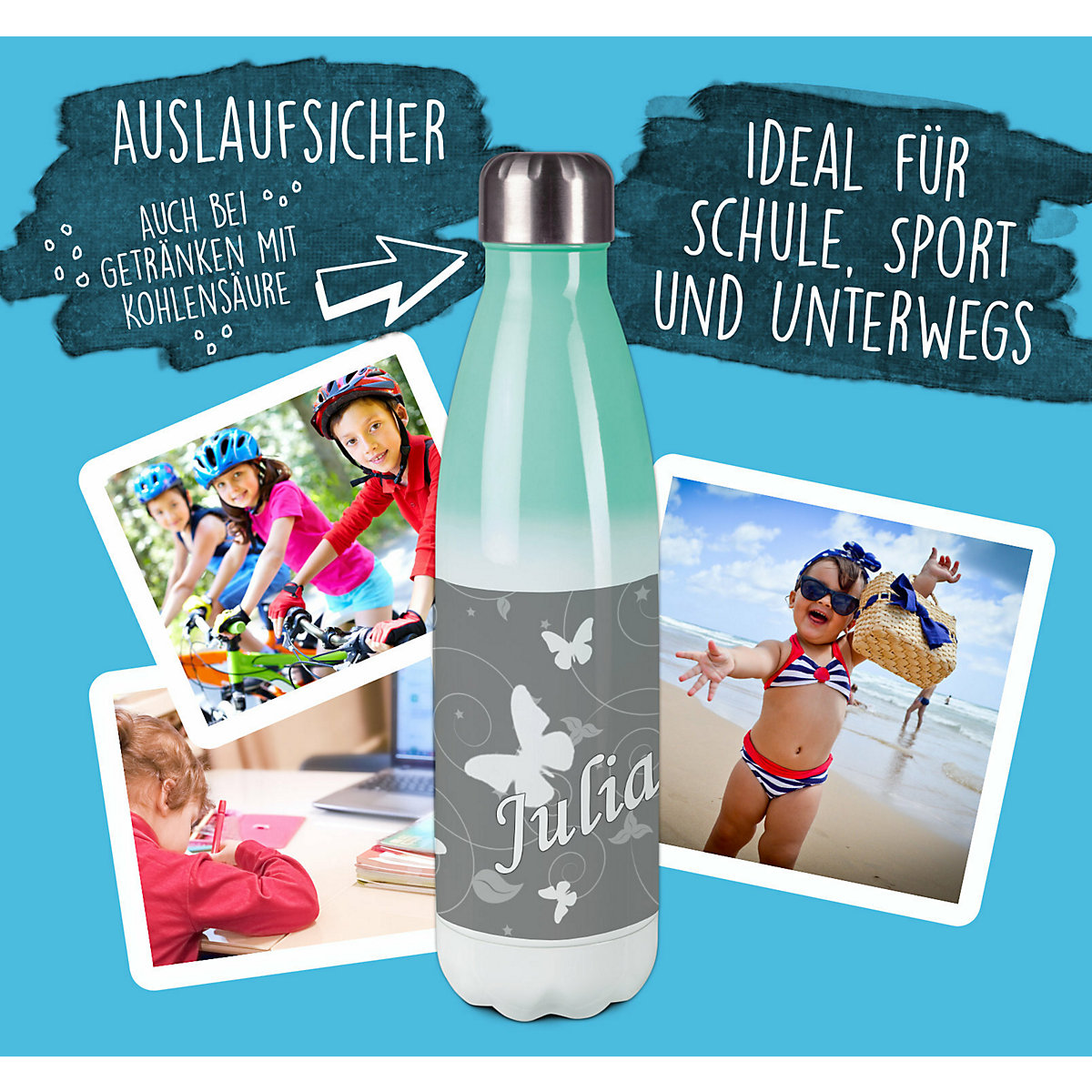 Edelstahl Kinder Thermoflasche / Trinkflasche bunt Schmetterling Ornamente Farbe grau Spülmaschinenfest, Auslaufsicher, Bruchfest, Doppelwandig, Für Heißgetränke geeignet, Mit Deckel, Isoliert