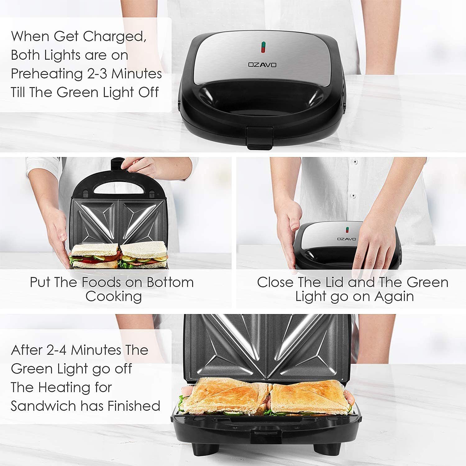 OZAVO 3-in-1-Sandwichmaker OZ320, 750 W, Waffeln, Paninitoaster, Grillplatten, abnehmbar