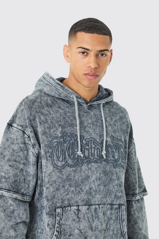 Bestickter Oversize Hoodie mit Acid-Waschung