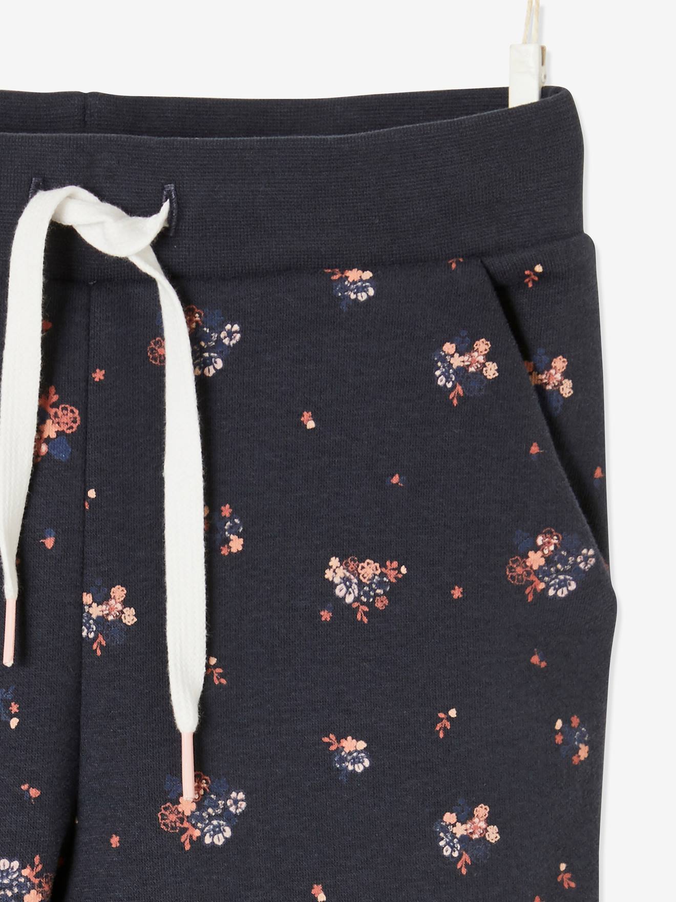 Pantalon jogging imprimé fleurs fille en molleton bleu foncé imprimé